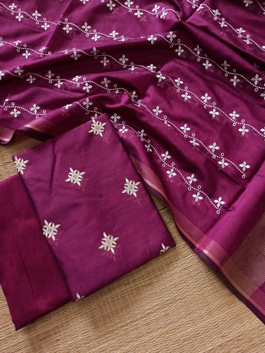 Banarasi Pure Chanderi Silk Unstitched Salwar Suit Fabric - Red & Green