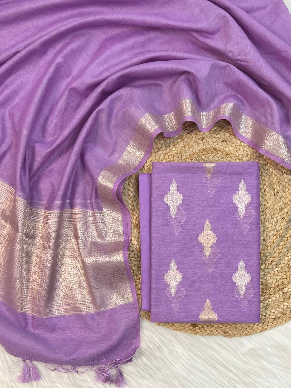 Banarasi Cotton Silk Unstiched Suit Material - Yellow ,Green ,Pink