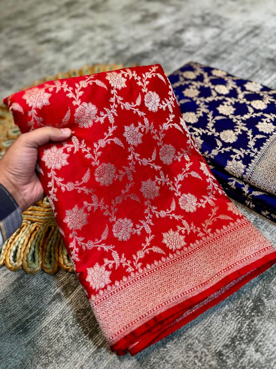 Banarasi Pure Mashroo Silk Saree - Red, Blue, Peacock Green