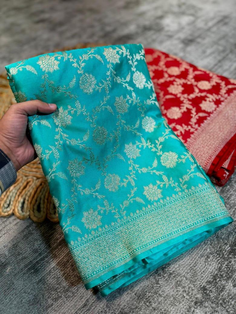 Banarasi Pure Mashroo Silk Saree - Red, Blue, Peacock Green