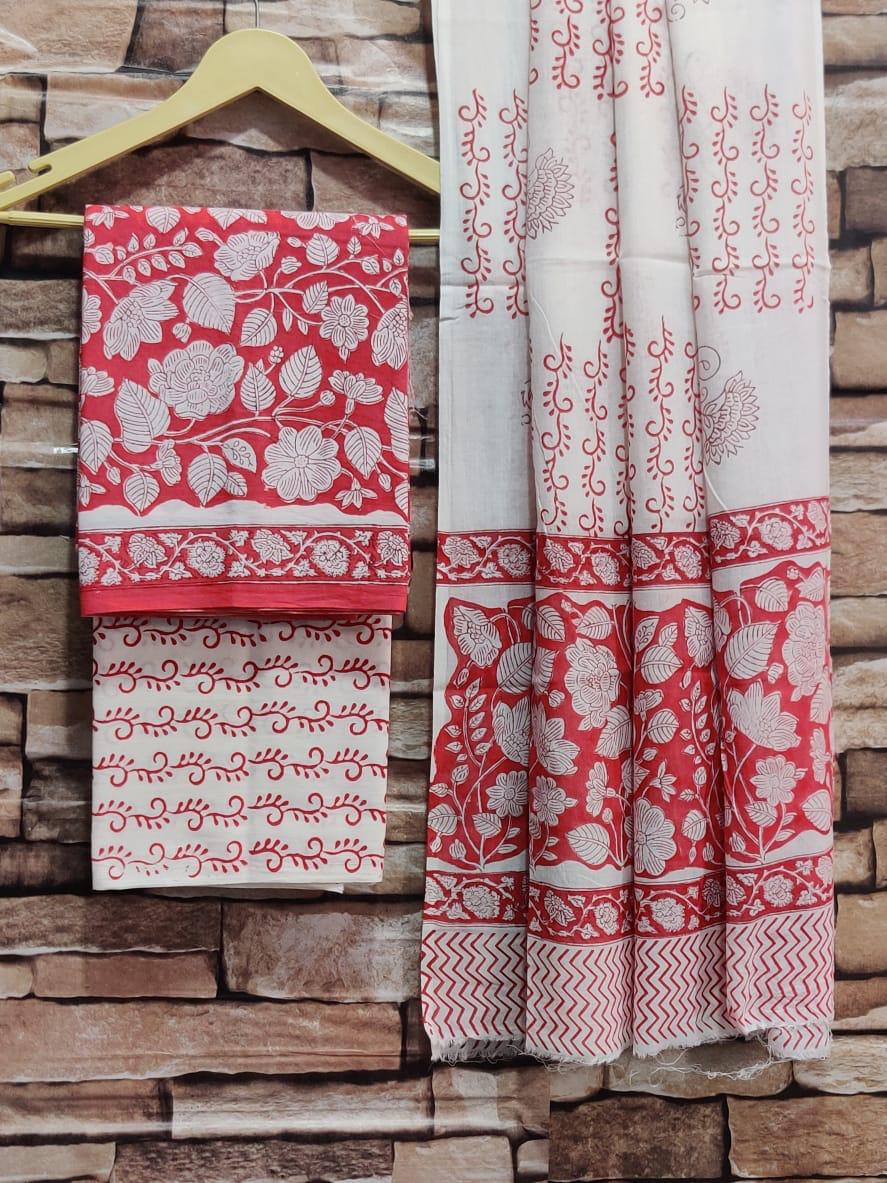 Pure hand block Cotton Bagru- Unstitched Suit Material With beautiful soft dupatta