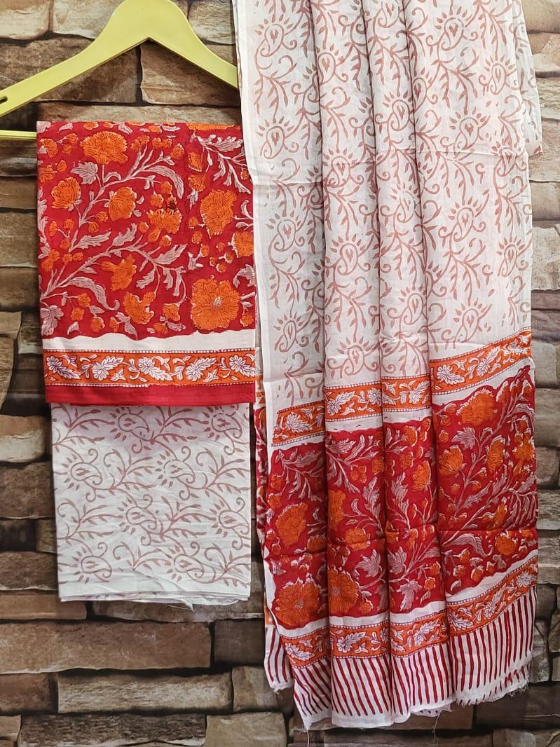 Pure hand block Cotton Bagru- Unstitched Suit Material With beautiful soft dupatta