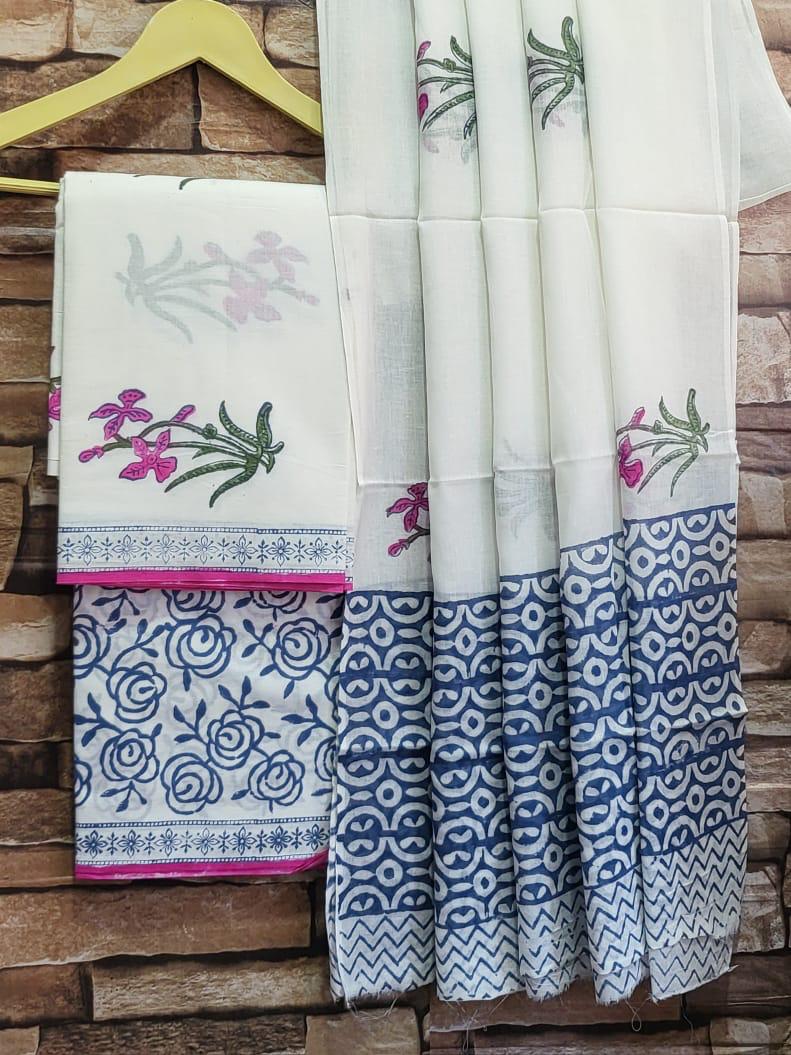 Pure hand block Cotton Bagru- Unstitched Suit Material With Beautiful Dupatta- White