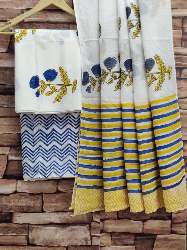 Pure hand block Cotton Bagru- Unstitched Suit Material With Beautiful Dupatta- White