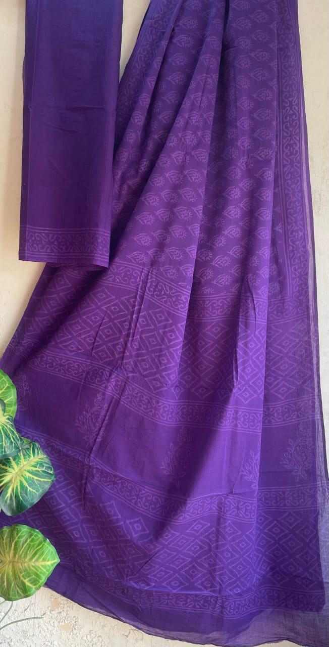 Bagru Hand Block Printed saree- Pure Cotton - purple