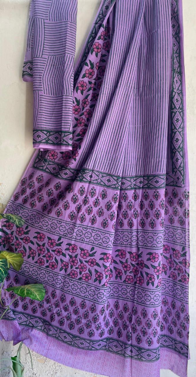 Bagru Hand Block Printed saree- Pure Cotton - purple