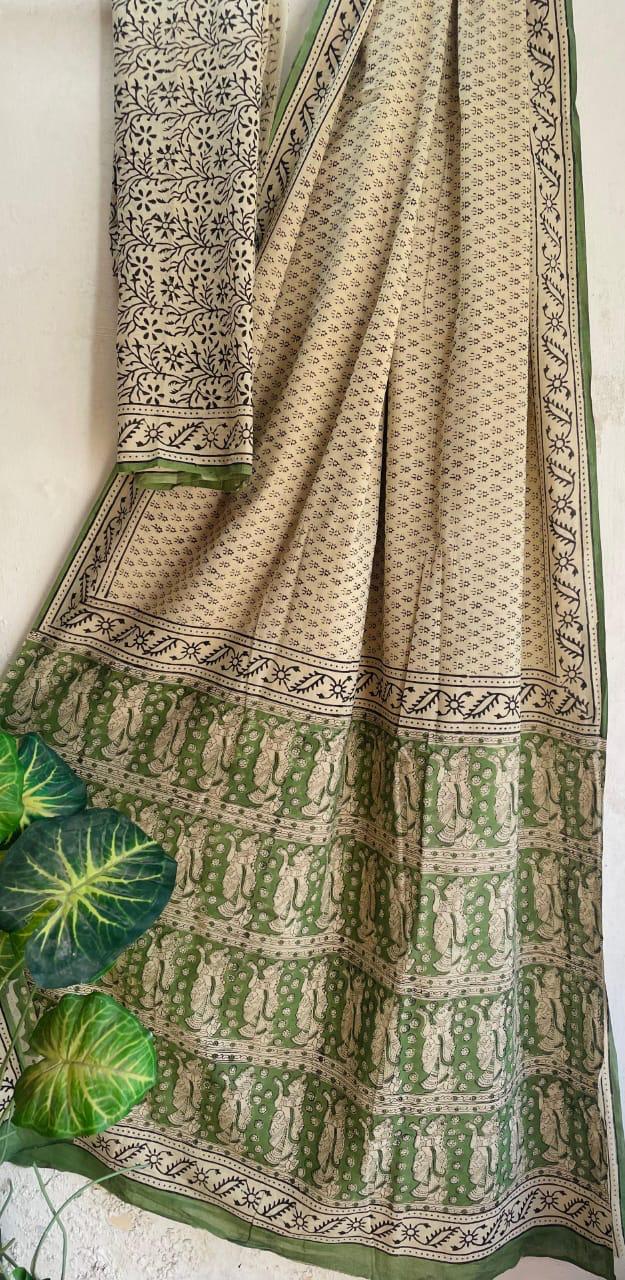 Bagru Hand-Block Saree Cotton -Yellow