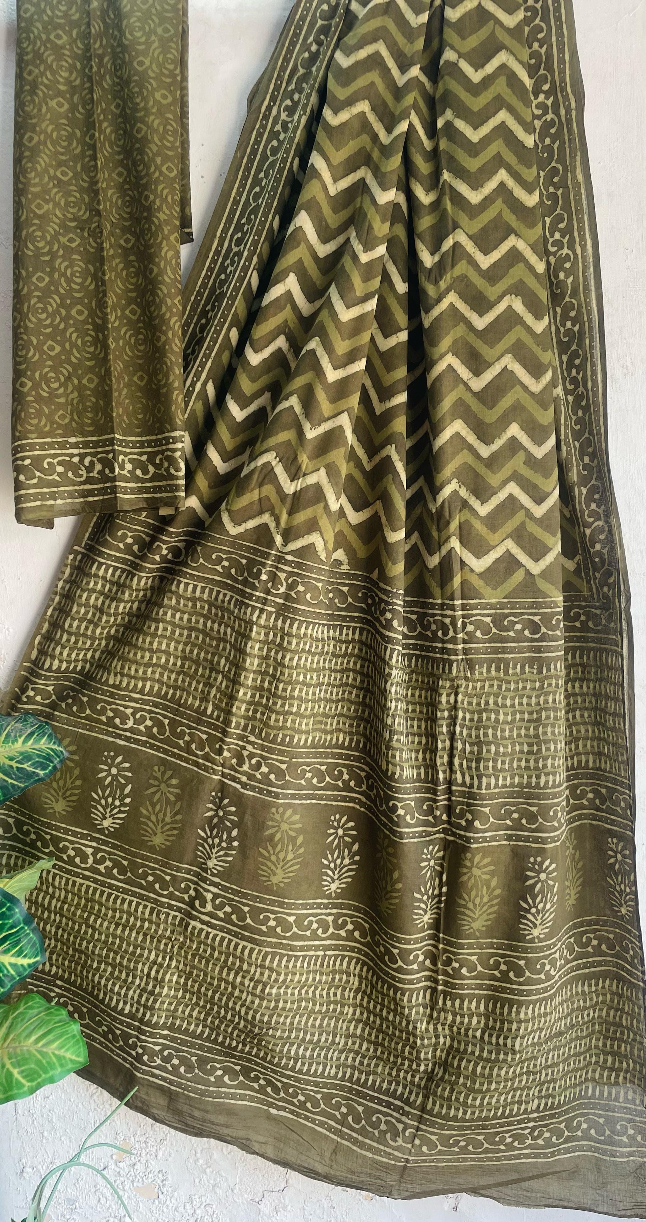 Bagru Hand-Block Saree Cotton -Green