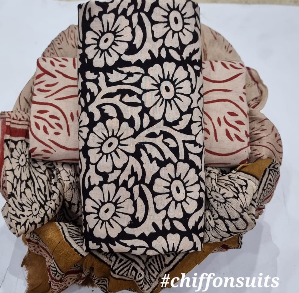 Pure hand block Cotton Bagru- Unstitched 3 piece Suit Material shades