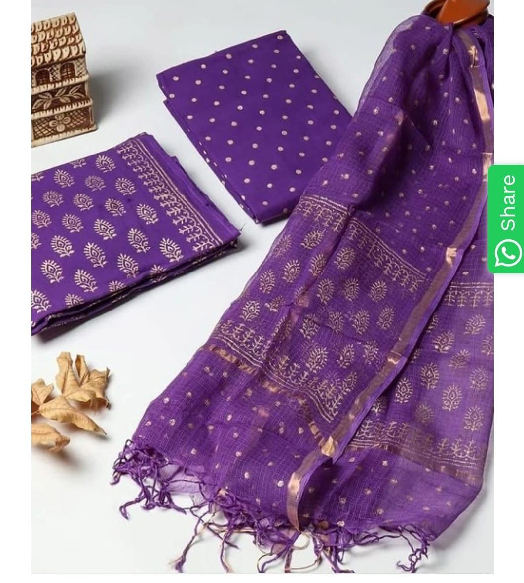 Hand block printed full kota Doriya 3 Piece unstitched Suit Materials Mix Colors