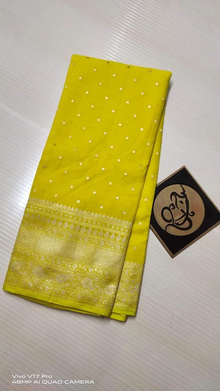 Banarasi Semi Georgette Alfi Saree - Green, Yellow, Orange,Green, Red