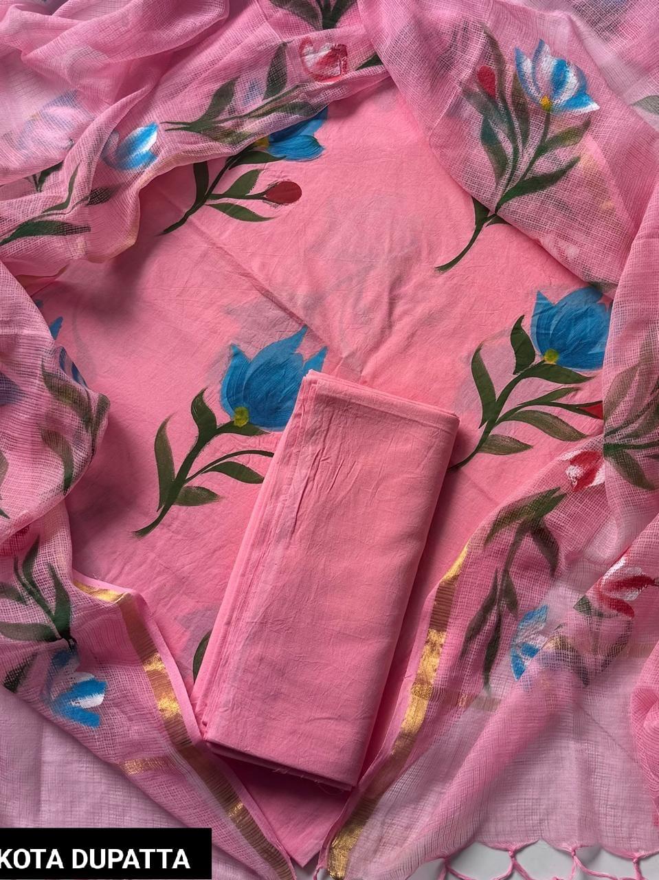Hand painted Suit materials with Kota Doria Dupatta