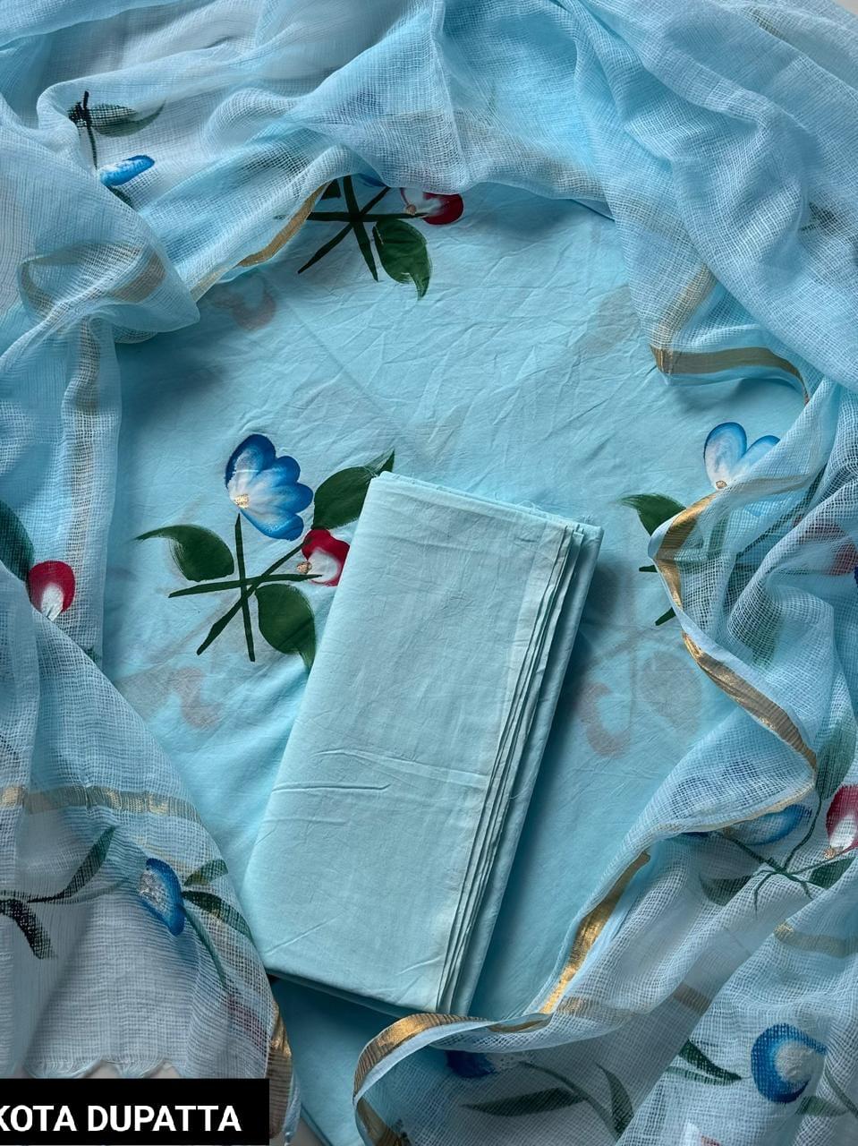 Hand painted Suit materials with Kota Doria Dupatta