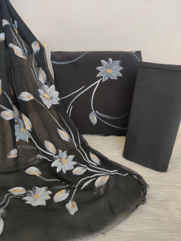 Hand painted Suit materials with Kota Doria Dupatta Black,Yellow,Green