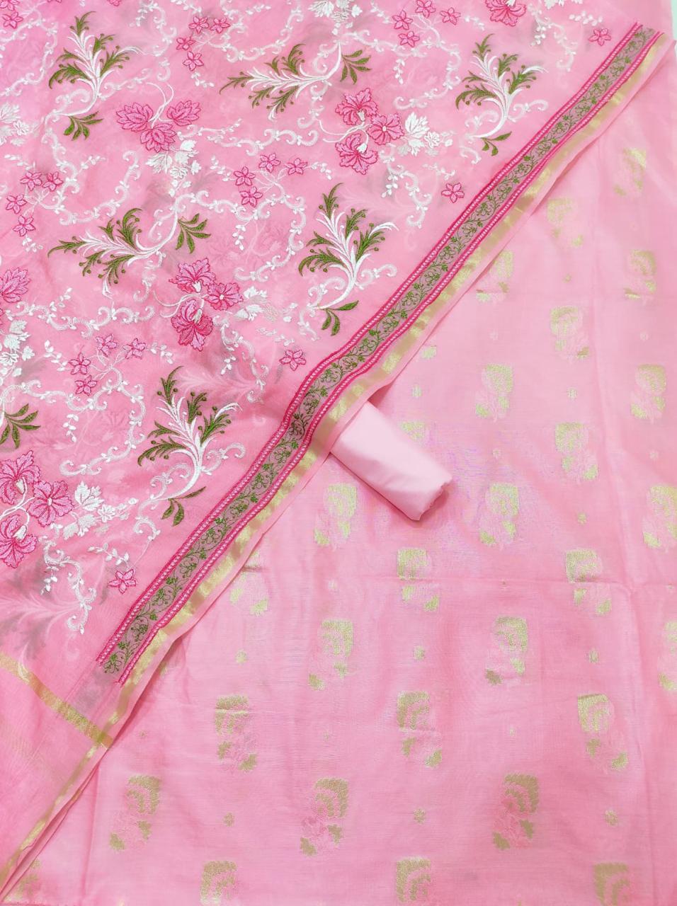 Banarasi Katan Silk With Tissue Unstitched Salwar Suit Fabric With Kimkhab Jari- Pink,Cream , Blue