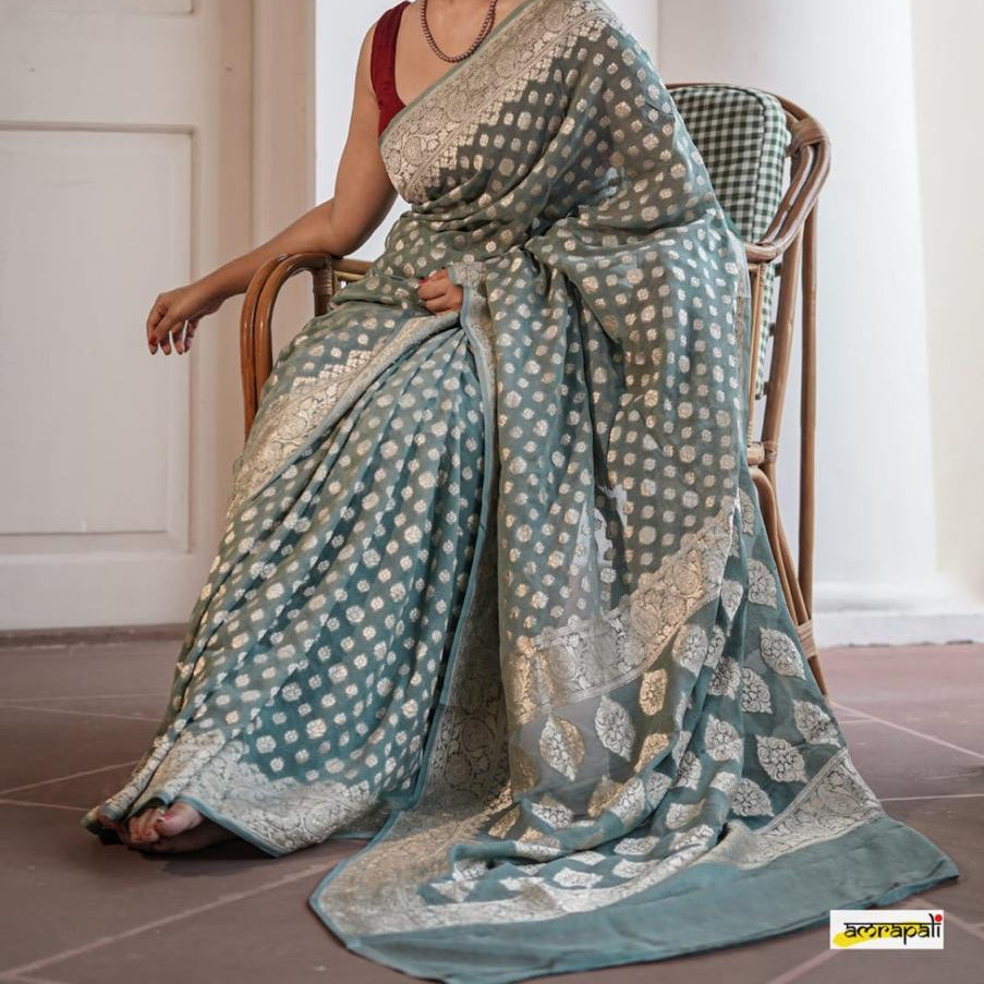 BANARASI PREMIUM SEMI GEORGETTE SILK BOOTI DESIGN WOVEN DYEBLE SAREES