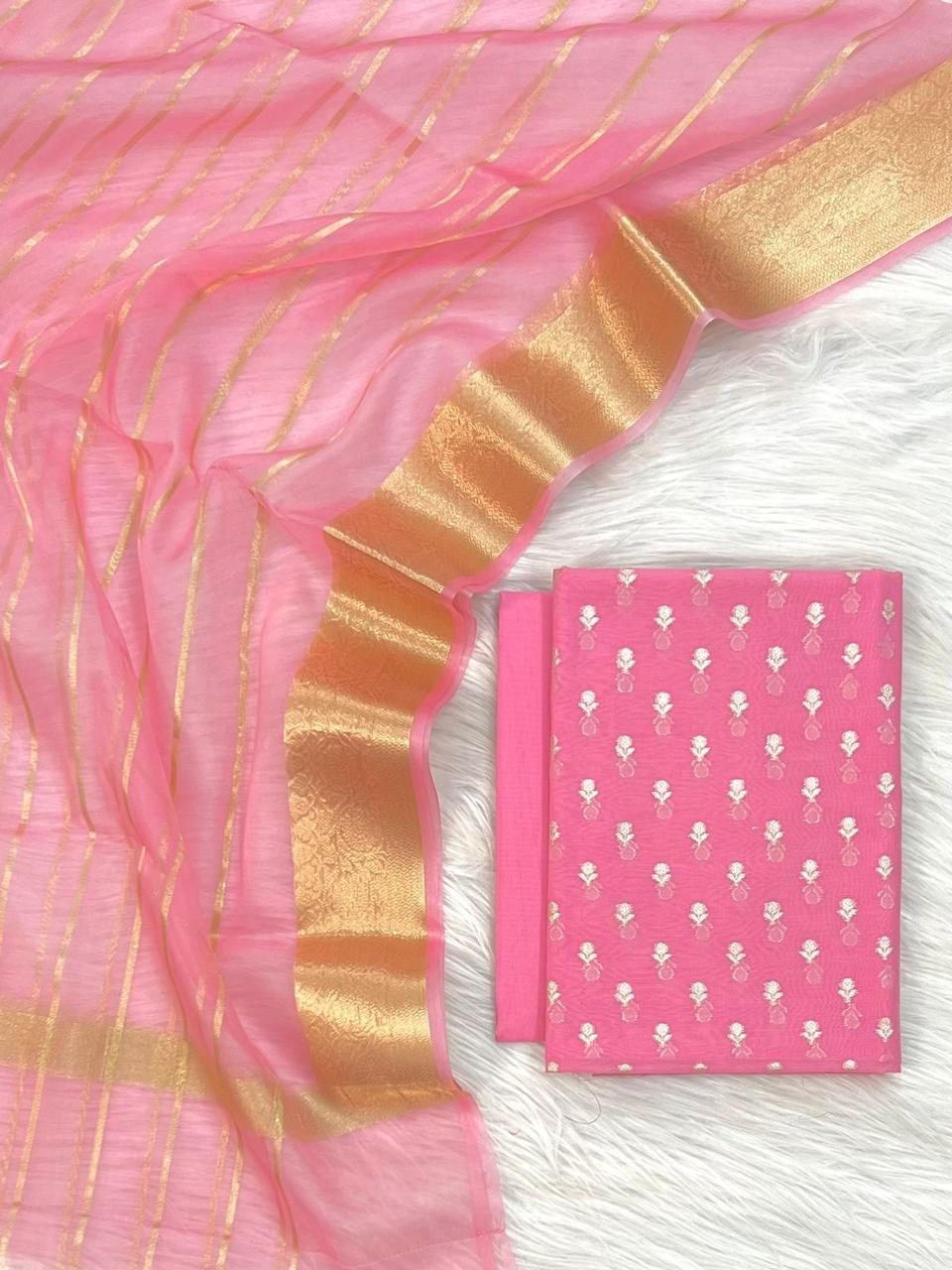 Banarasi Unstitched Dress Material/ Salwar Suit - Light Pink with embossed golden jari(Various colours available) Light Shades