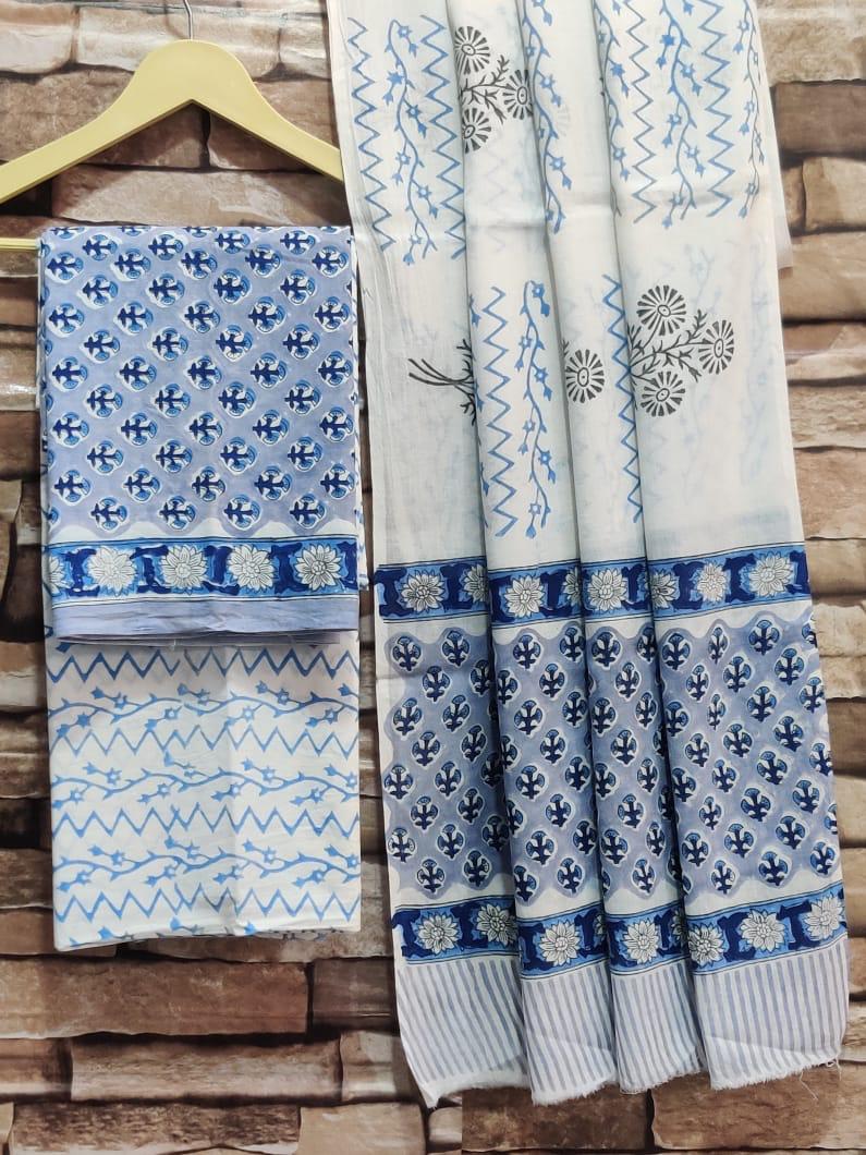Pure hand block Cotton Bagru- Unstitched 3 piece Suit Material Blue with Different Prints