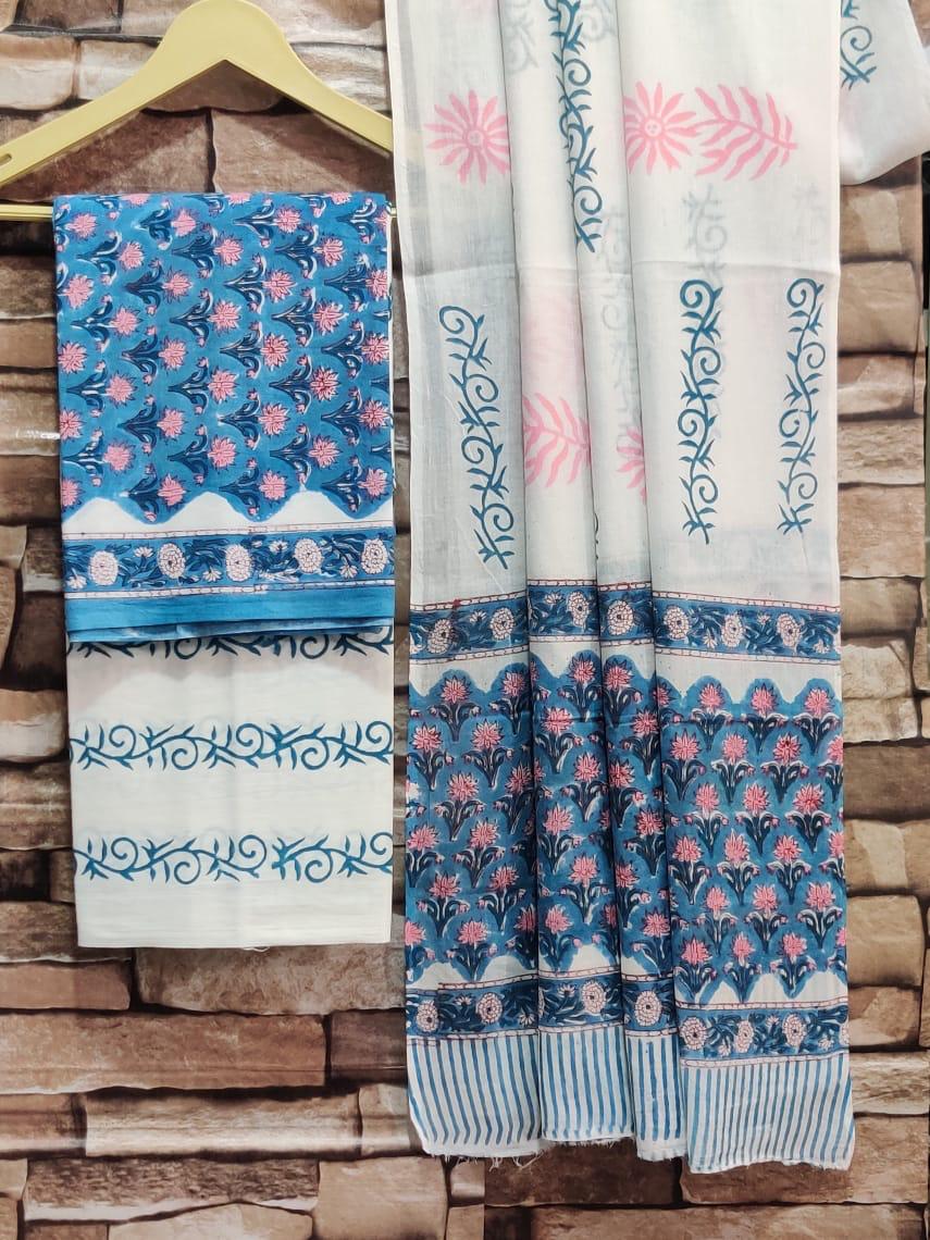 Pure hand block Cotton Bagru- Unstitched 3 piece Suit Material Blue with Different Prints