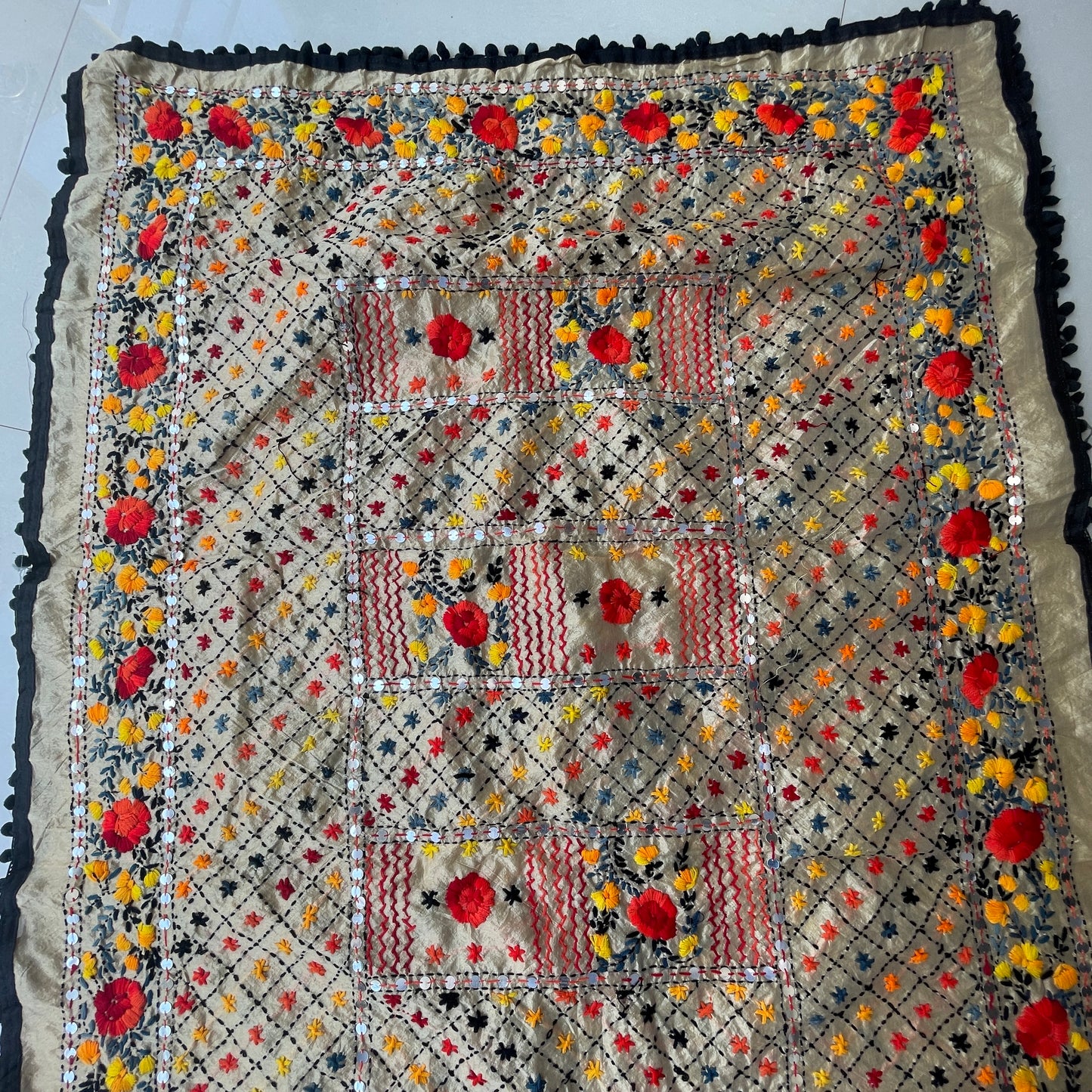Hand Embroidered Phulkari Chanderi Dupatta with Pom Pom Border - Beige Base With Black and Multi Coloured Threadwork