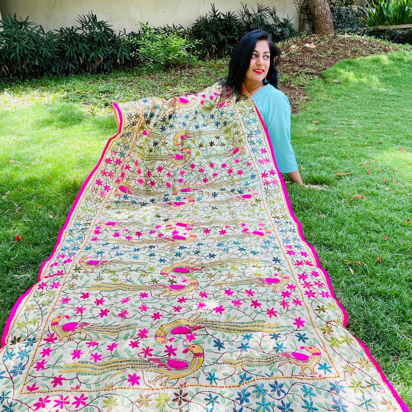 Hand Embroidered And Hand Painted Chanderi Dupatta - Beige With Multi Coloured Floral and Peacock Motifs.