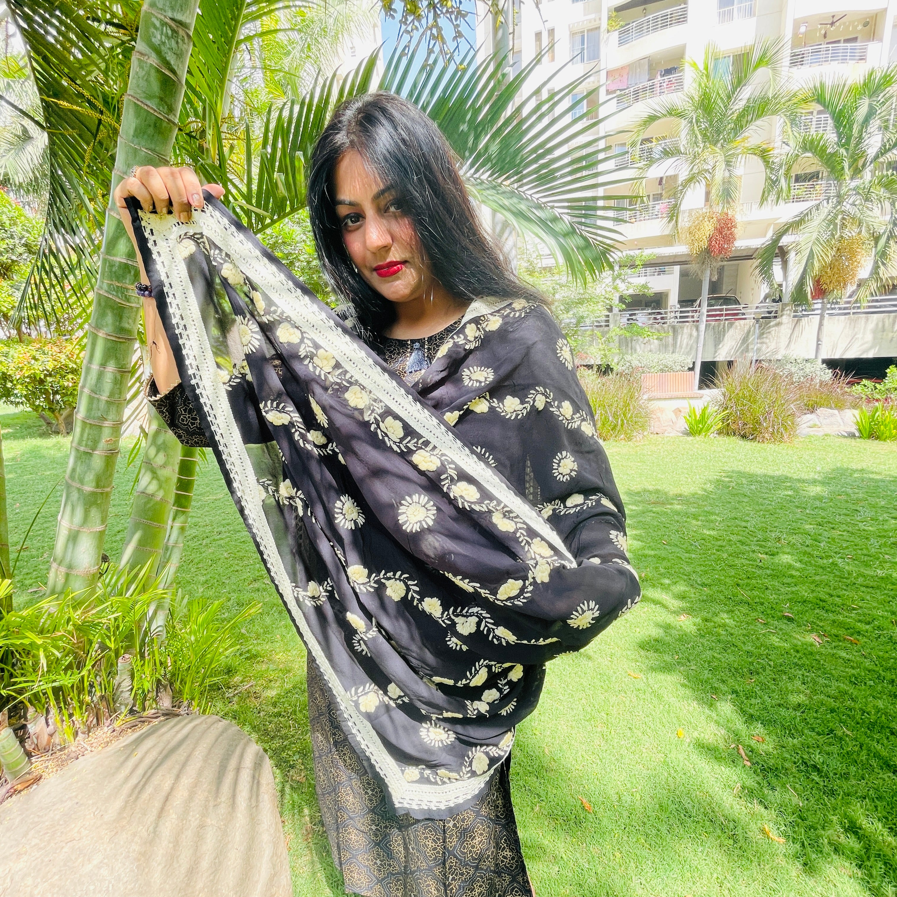 Hand-Embroidered Georgette Dupatta- Black With Beige Floral Embroidery