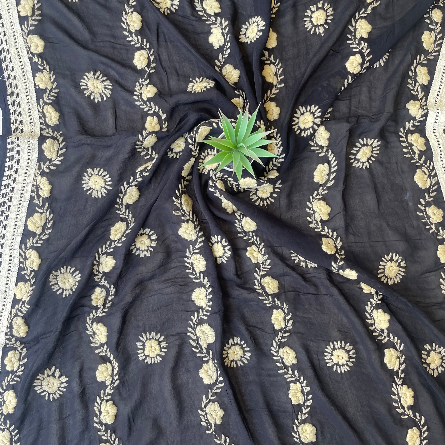 Hand-Embroidered Georgette Dupatta- Black With Beige Floral Embroidery