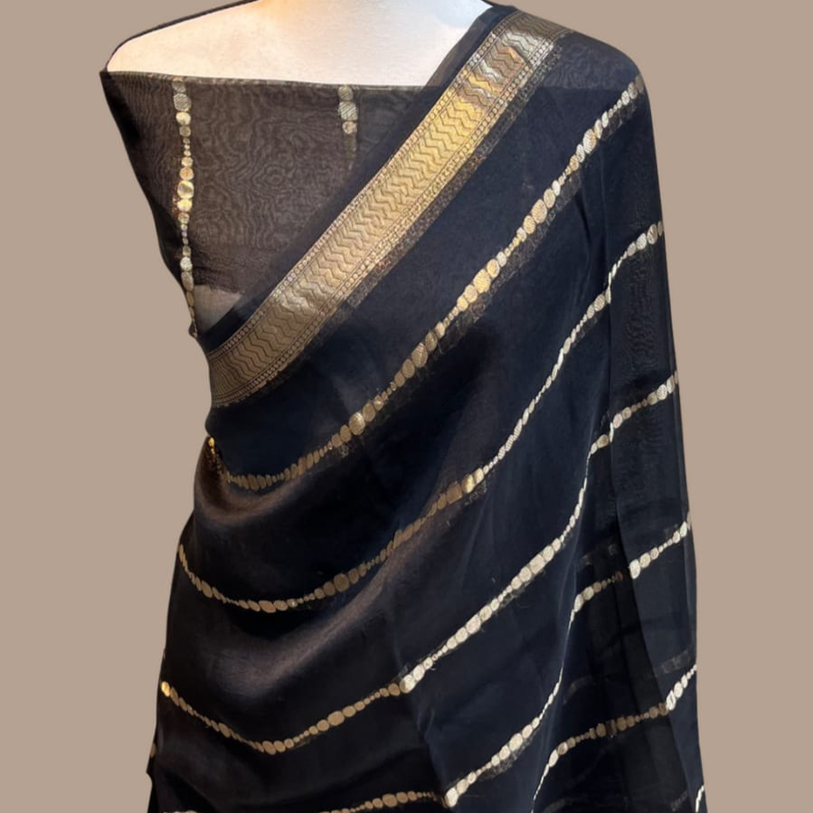 Banarasi Kora Silk Organza Saree- Blue, Black, Yellow, Green, Red, Pink.