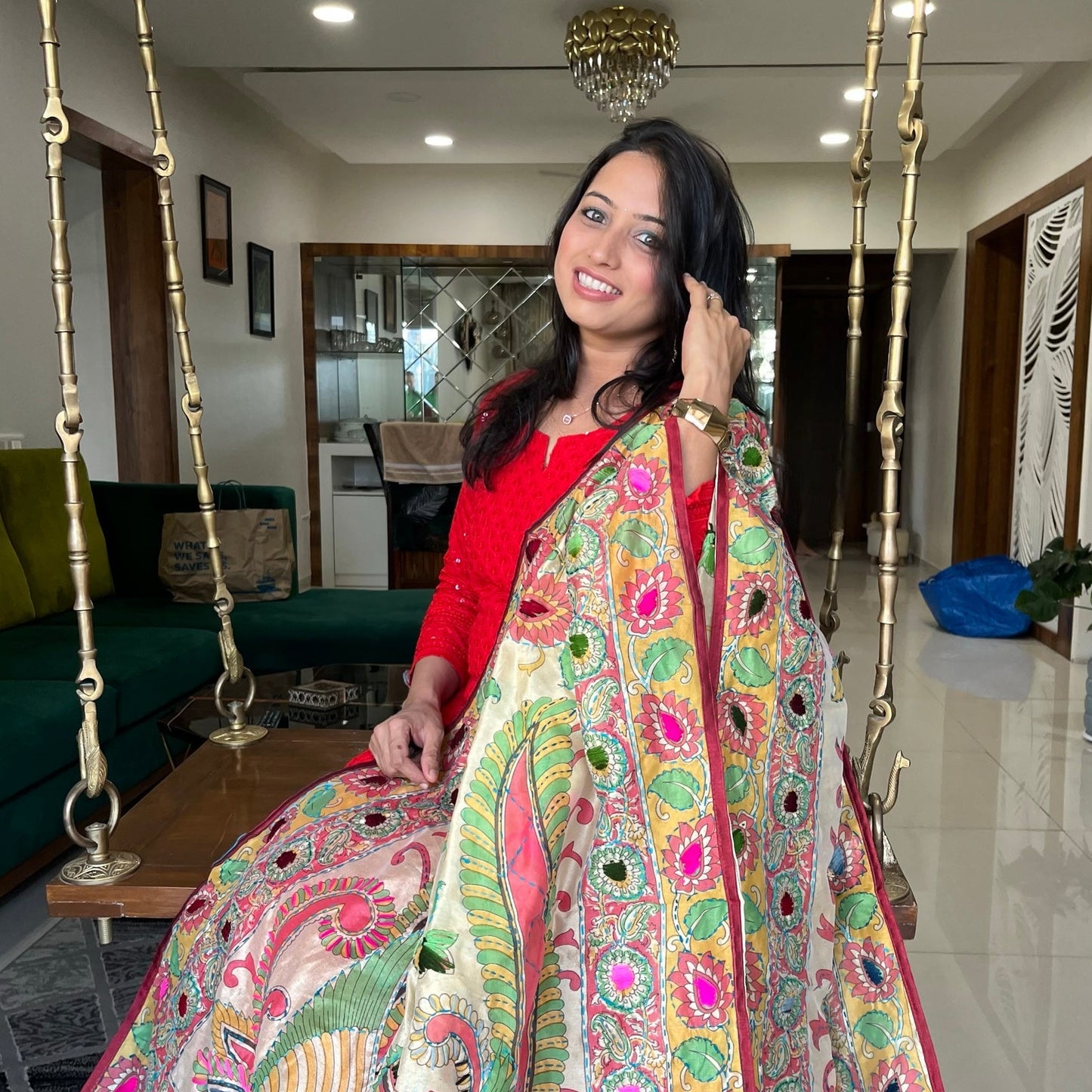 Hand Embroidered And Hand Painted Chanderi Dupatta - Beige With Multi Coloured Peacock Design