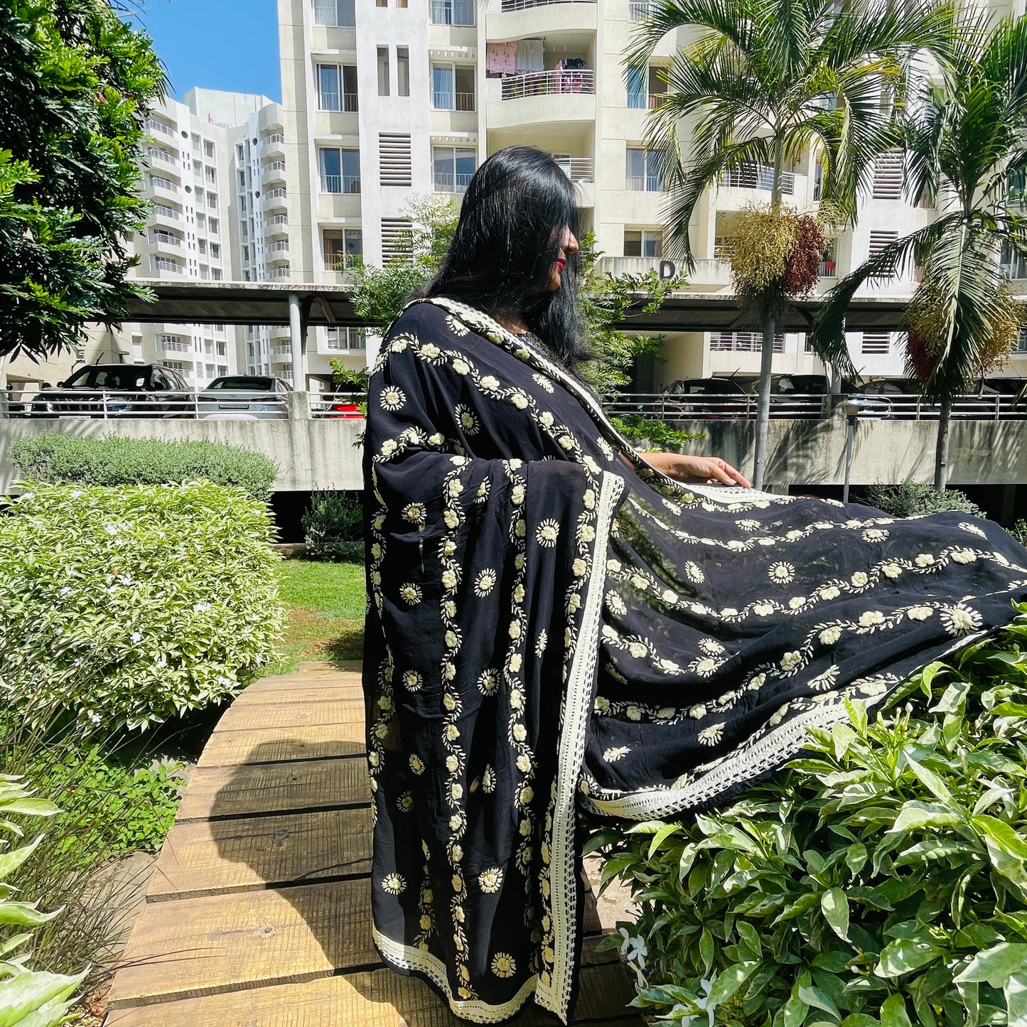 Hand-Embroidered Georgette Dupatta- Black With Beige Floral Embroidery