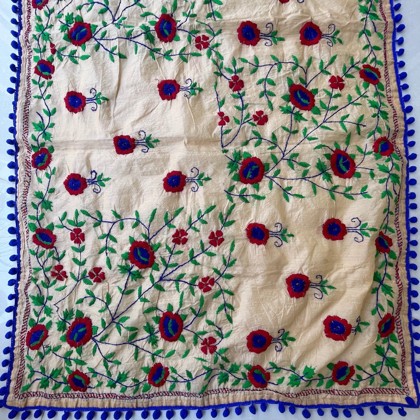 Hand-Embroidered Cotton Chanderi Dupatta- Beige and Blue