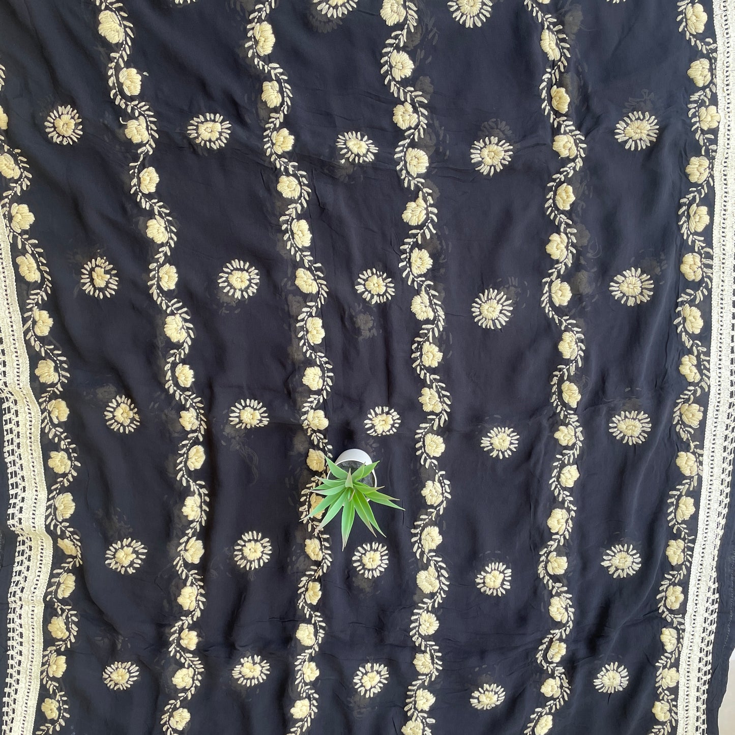 Hand-Embroidered Georgette Dupatta- Black With Beige Floral Embroidery