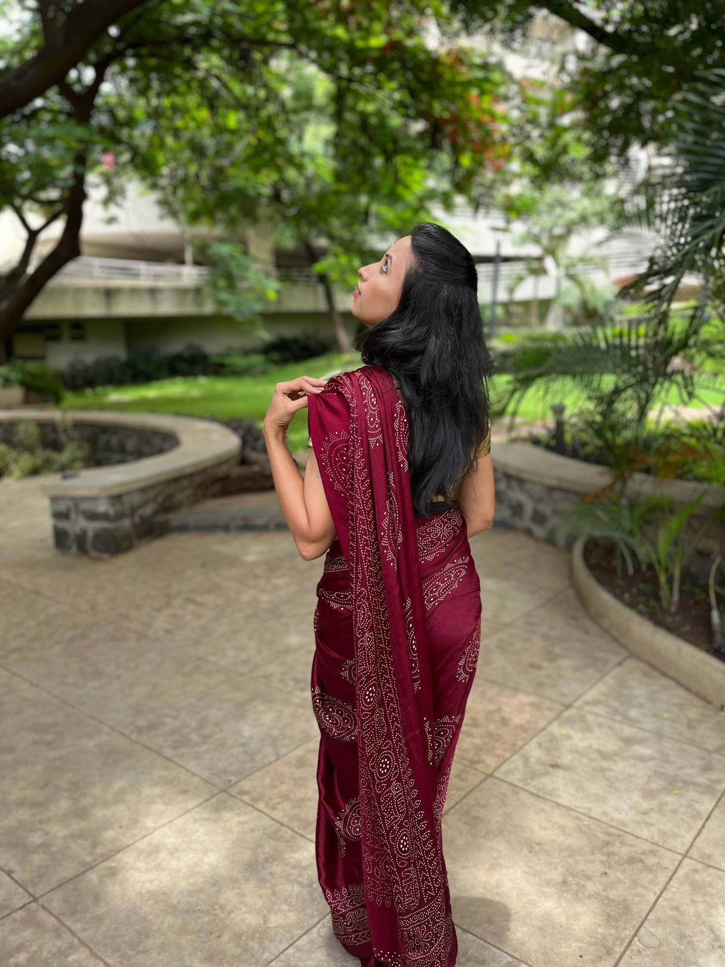 Modal Silk Ajrakh Saree With Natural Dyes - Blue, Maroon, Mustard Yellow, Magenta Pink,Bottle Green, Brown, Pink.