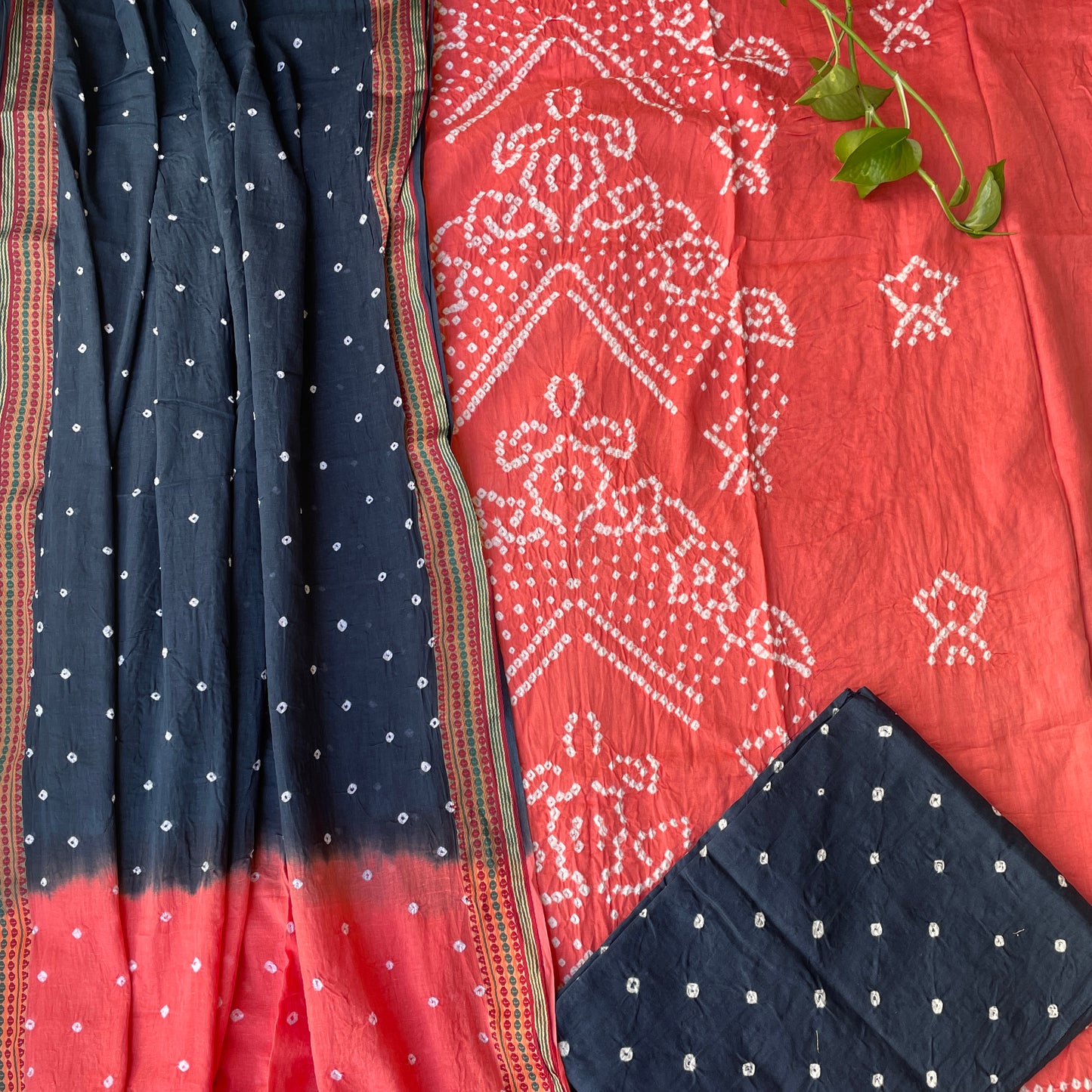 Hand Tied Pure Soft Cotton Bandhani Unstitched Salwar Suit Fabric - Pink and Navy Blue