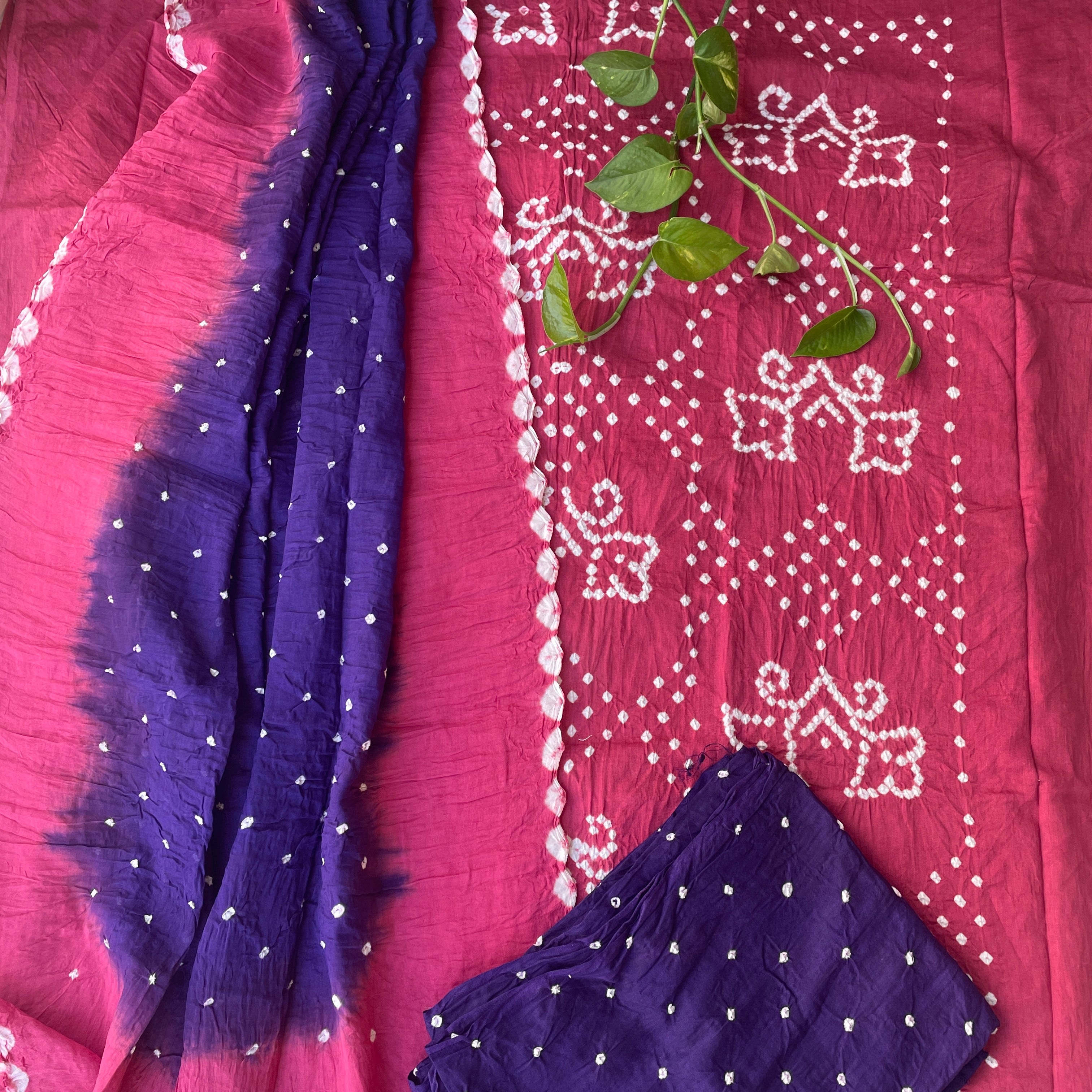 Hand Tied Bandhani Unstitched Salwar Suit Fabric - Pink and Purple