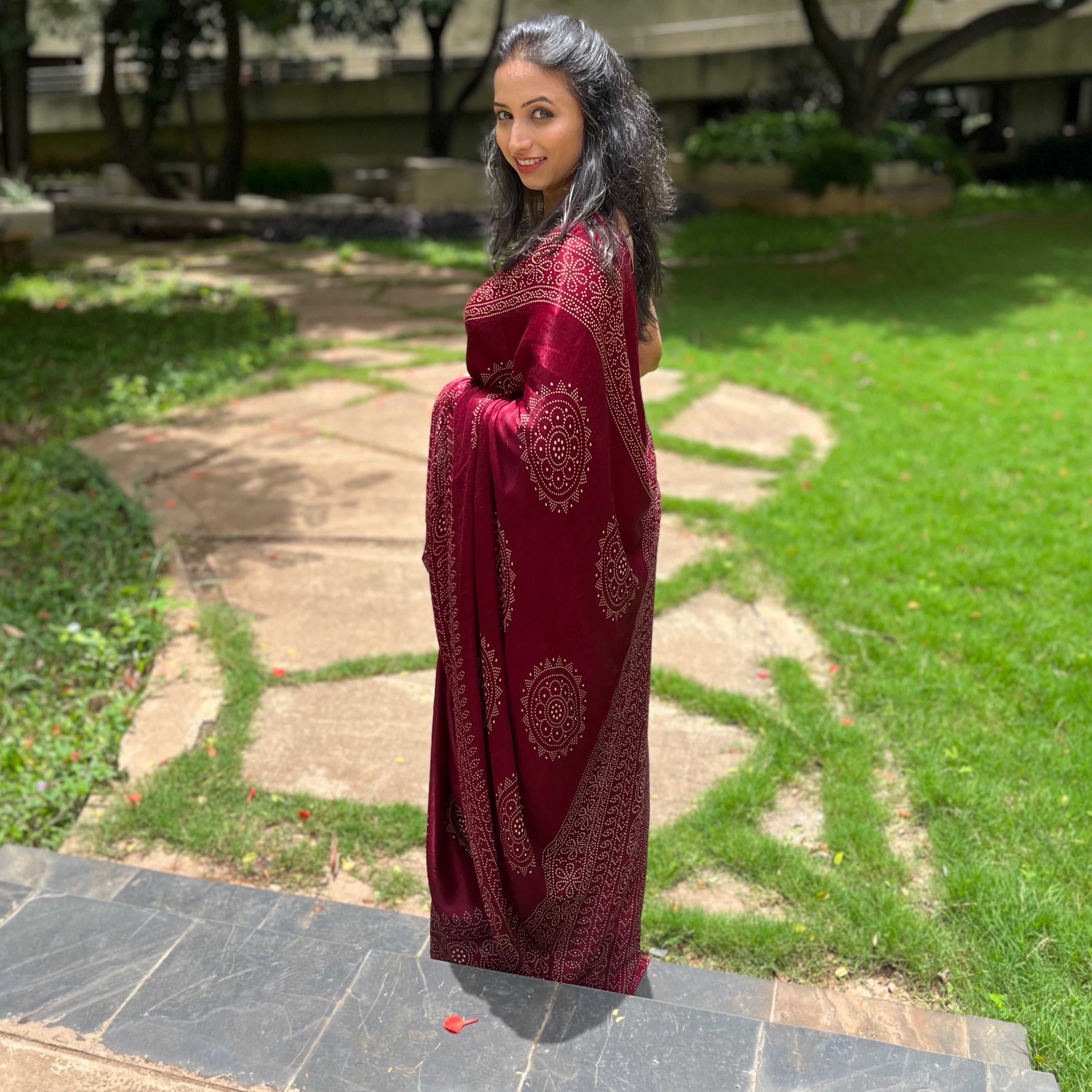 Modal Silk Mashroo Mix Ajrakh Saree - Blue, Maroon, Mustard Yellow, Magenta Pink,Bottle Green, Brown, Pink.