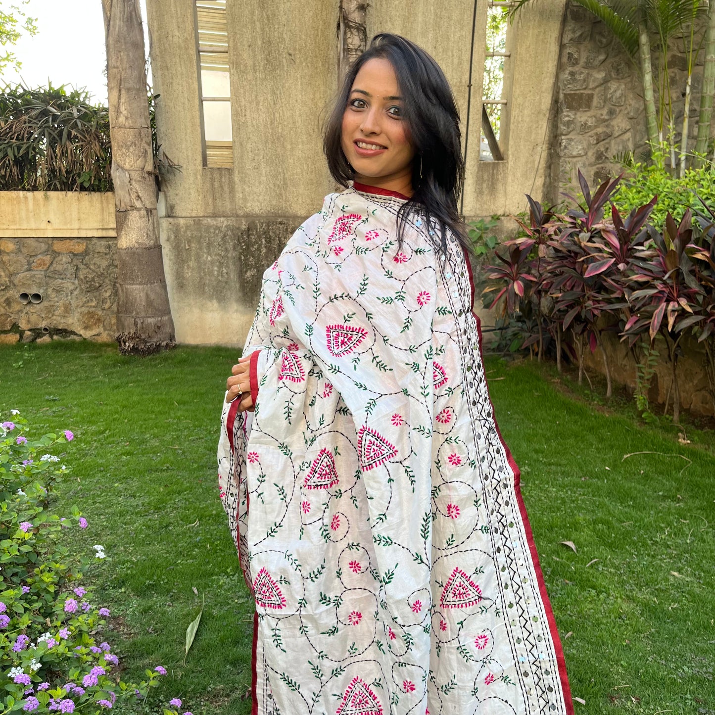 Hand-Embroidered Chanderi Dupatta- White With Multicoloured Threadwork