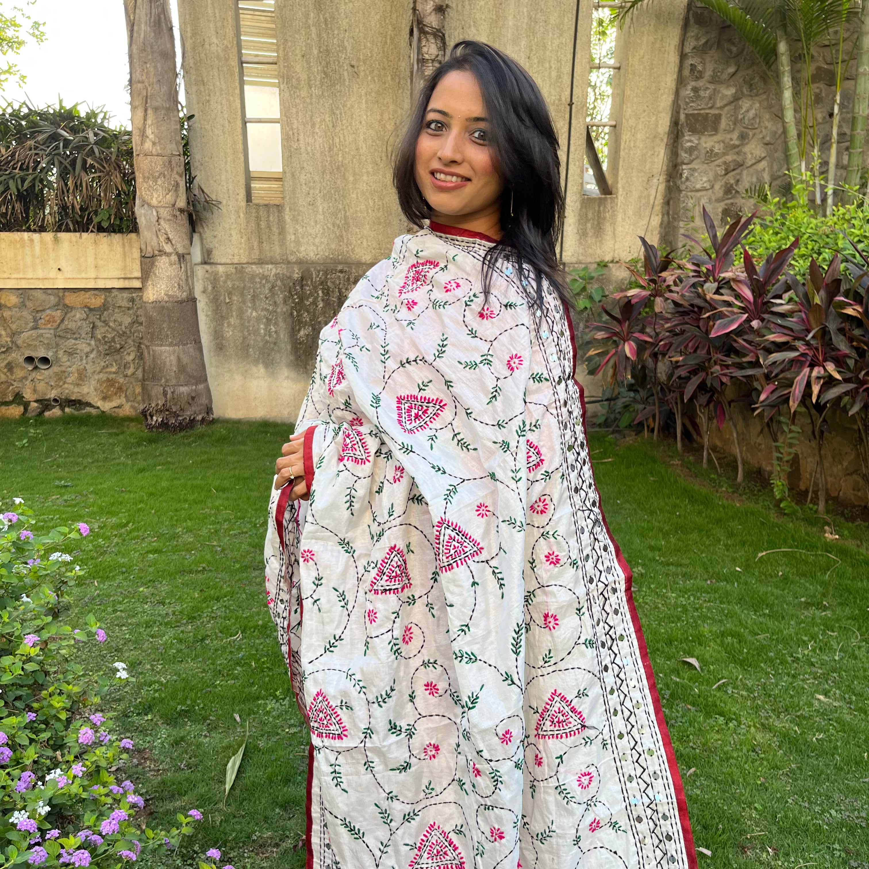 Hand-Embroidered Chanderi Dupatta- White With Multicoloured Threadwork