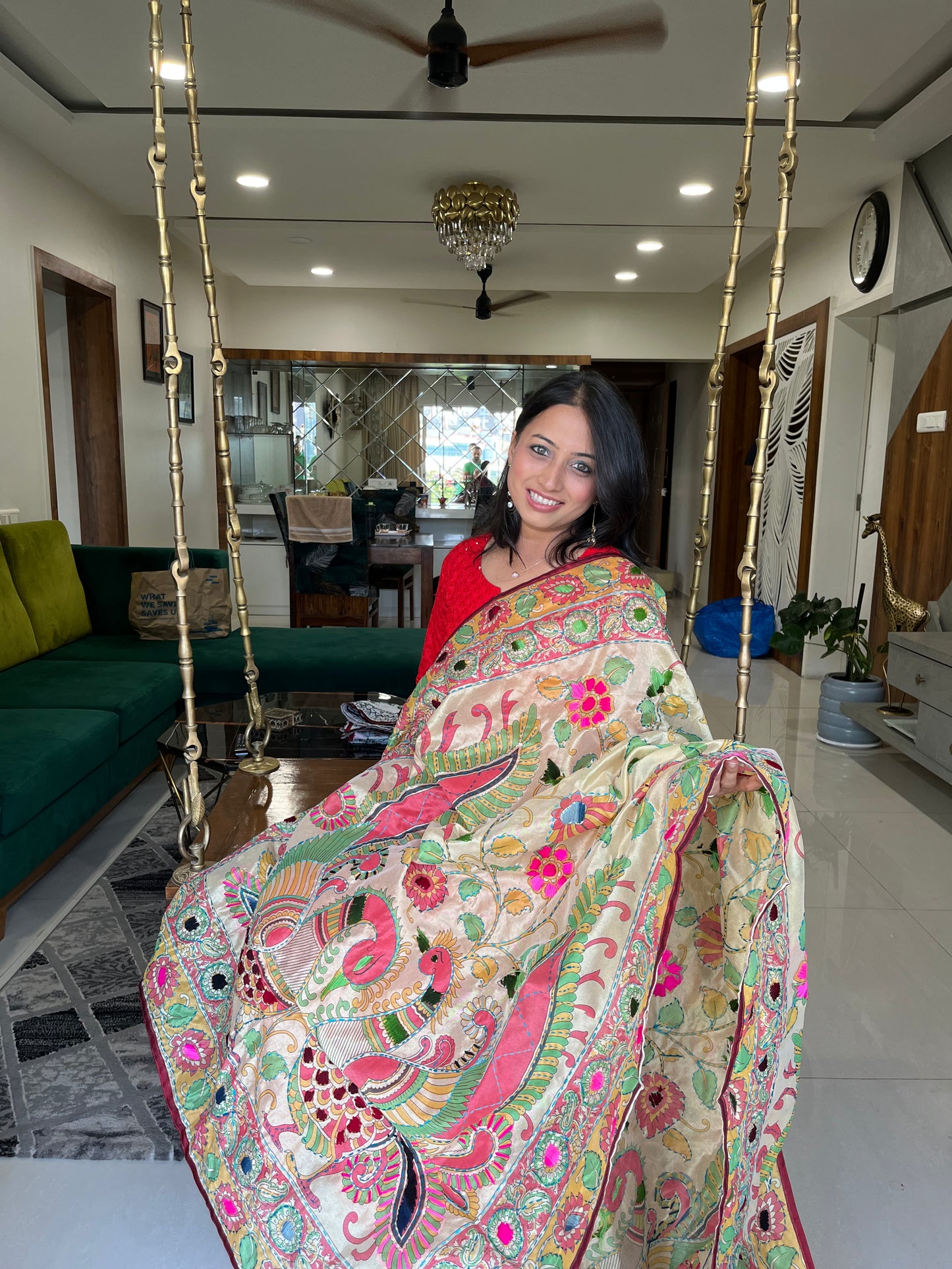 Hand Embroidered And Hand Painted Chanderi Dupatta - Beige With Multi Coloured Peacock Design