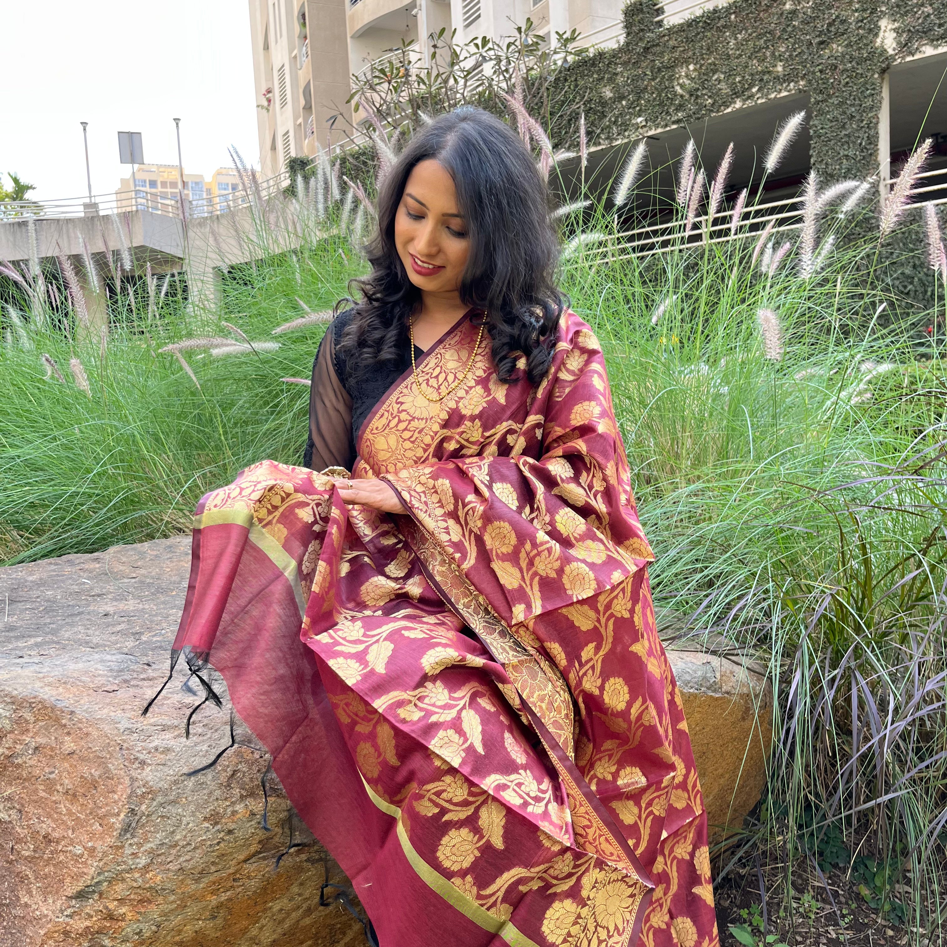 Banarasi Cotton Silk Dupatta with Floral Jaal - Maroon
