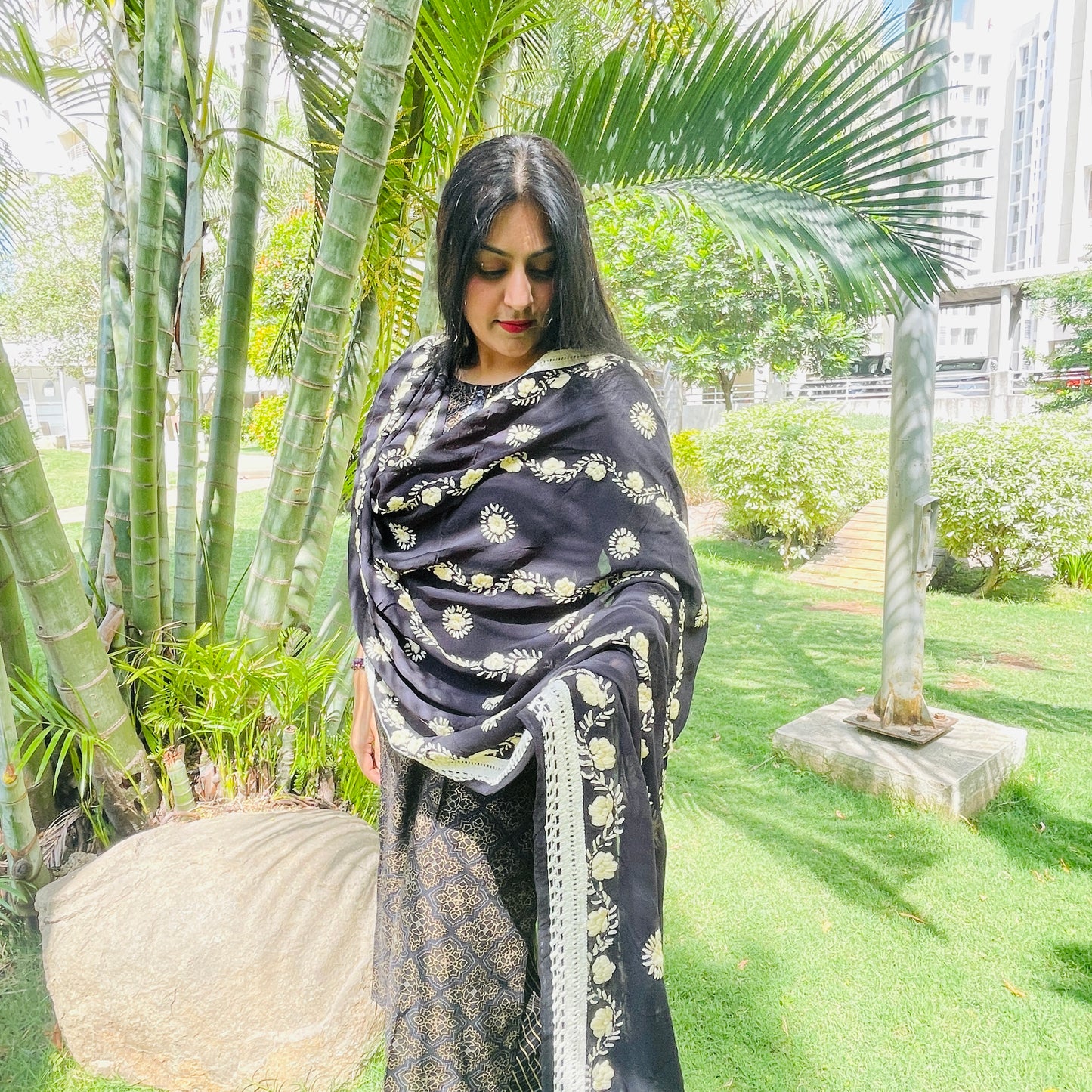 Hand-Embroidered Georgette Dupatta- Black With Beige Floral Embroidery