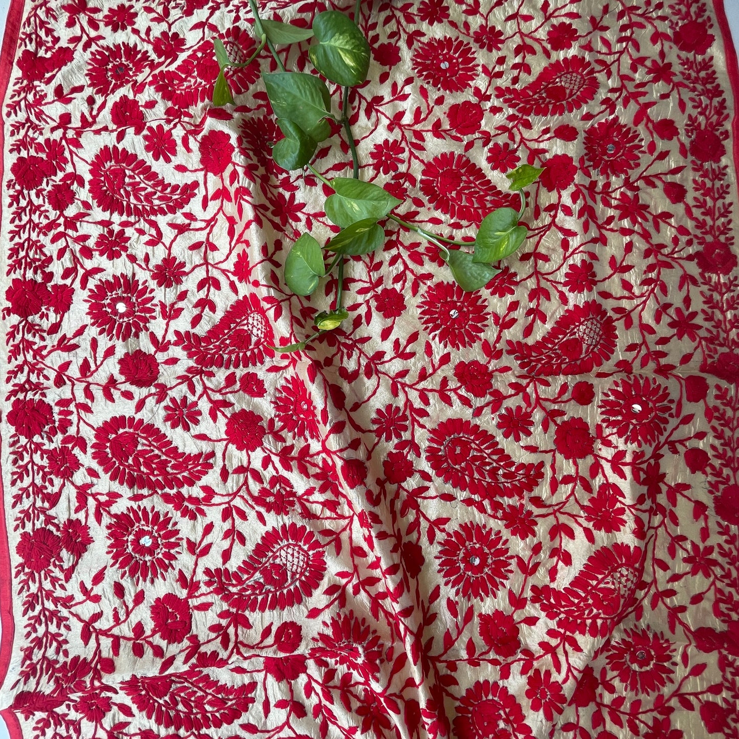 Hand-Embroidered Chanderi Dupatta- Beige With Red Coloured Threadwork