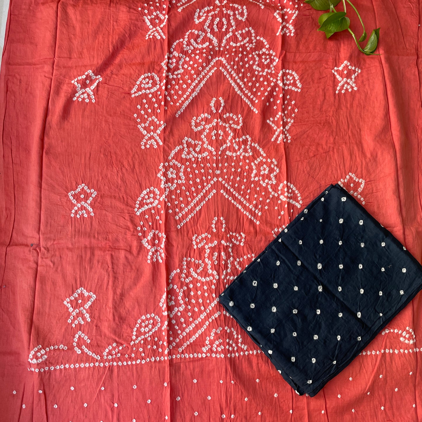 Hand Tied Pure Soft Cotton Bandhani Unstitched Salwar Suit Fabric - Pink and Navy Blue