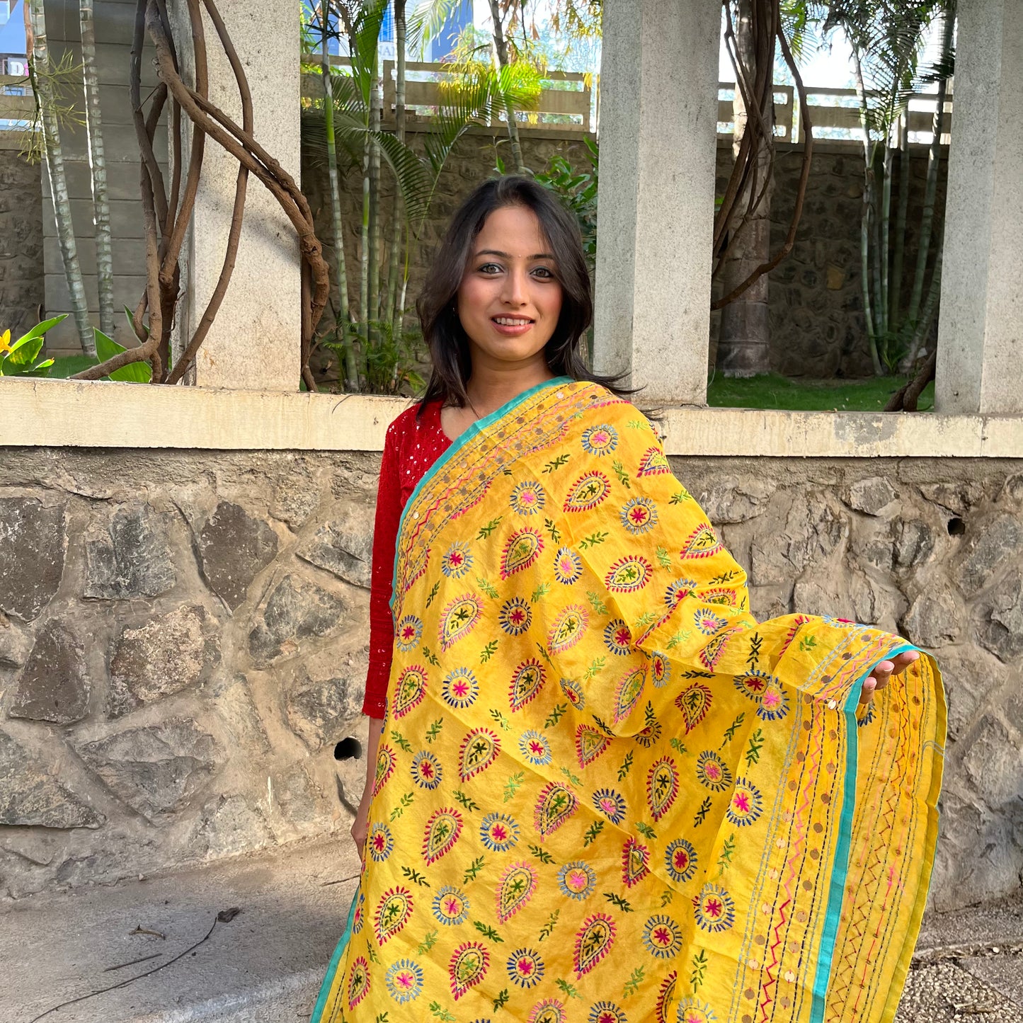 Hand-Embroidered Chanderi Dupatta- Yellow