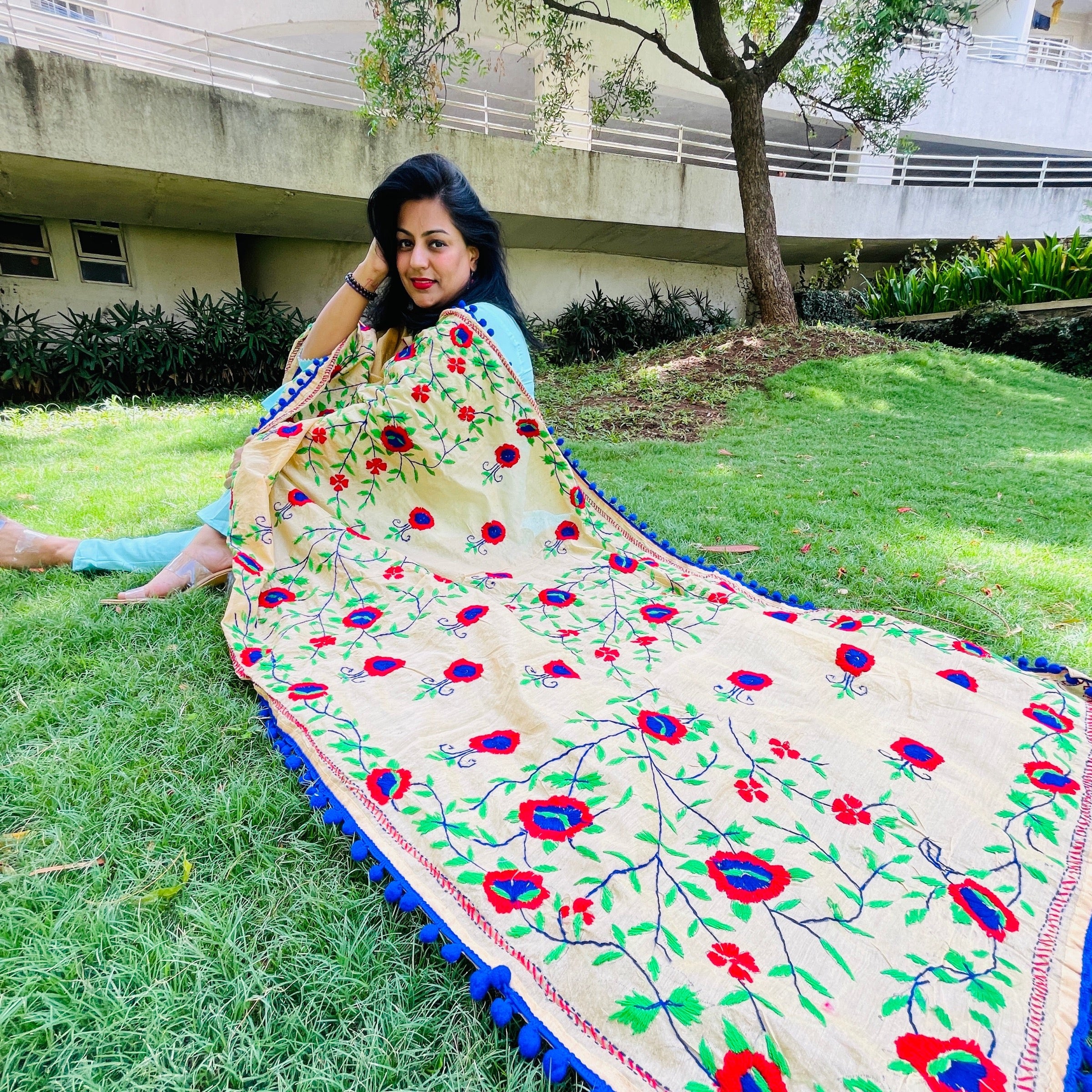 Hand-Embroidered Cotton Chanderi Dupatta- Beige and Blue