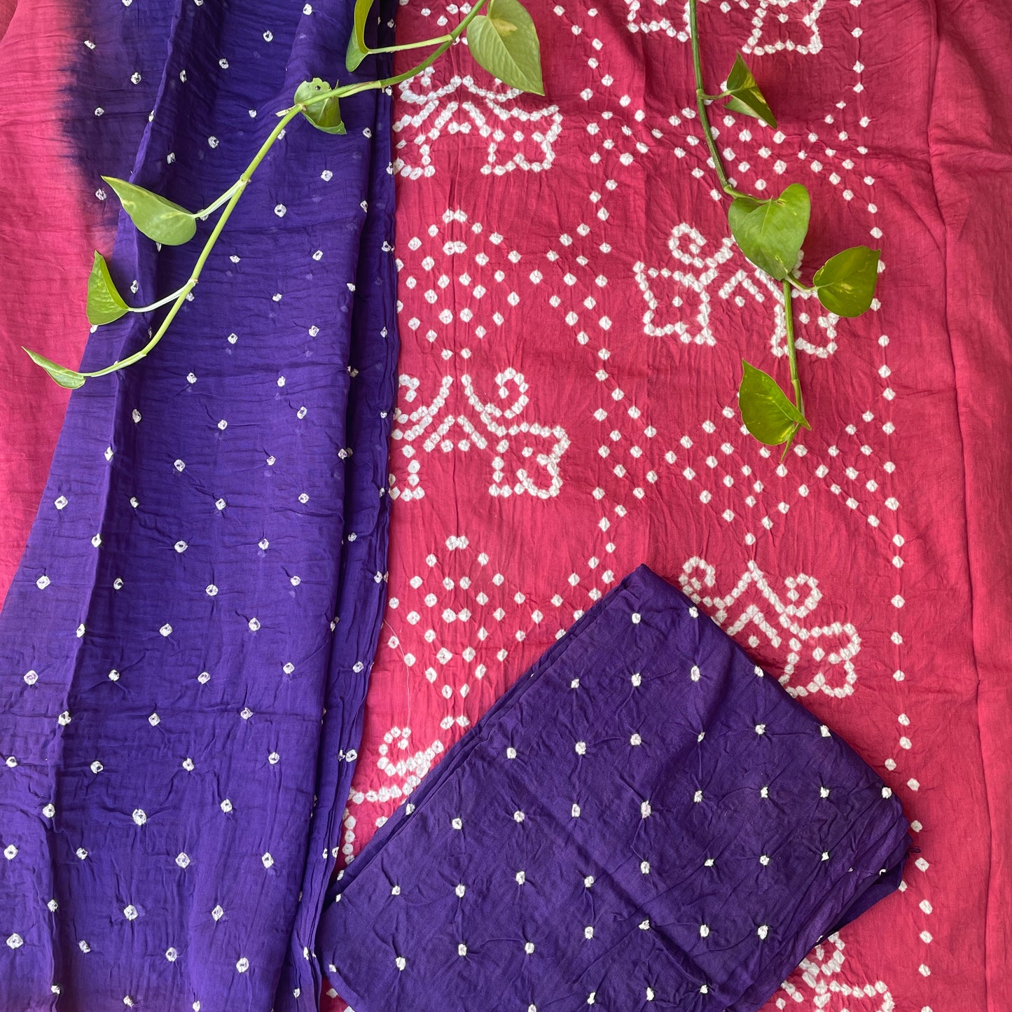 Hand Tied Bandhani Unstitched Salwar Suit Fabric - Pink and Purple