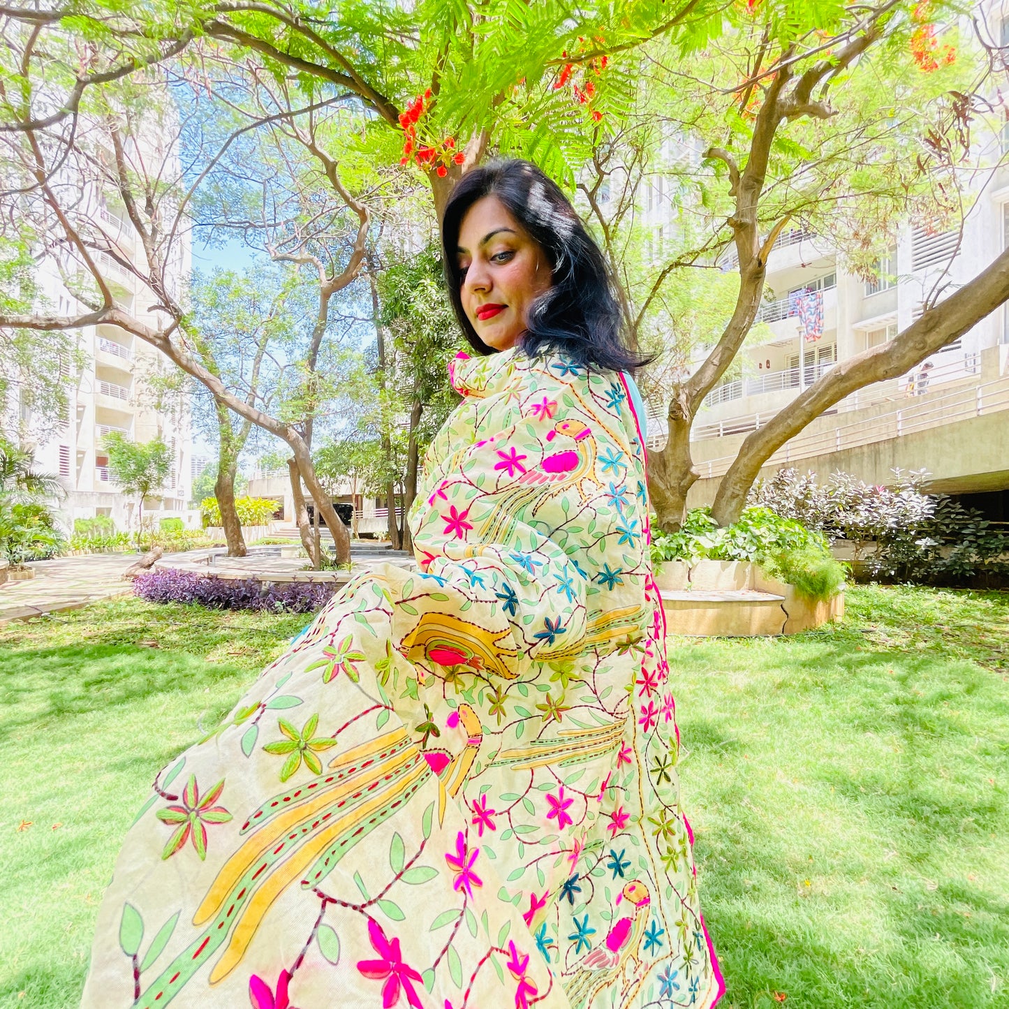 Hand Embroidered And Hand Painted Chanderi Dupatta - Beige With Multi Coloured Floral and Peacock Motifs.