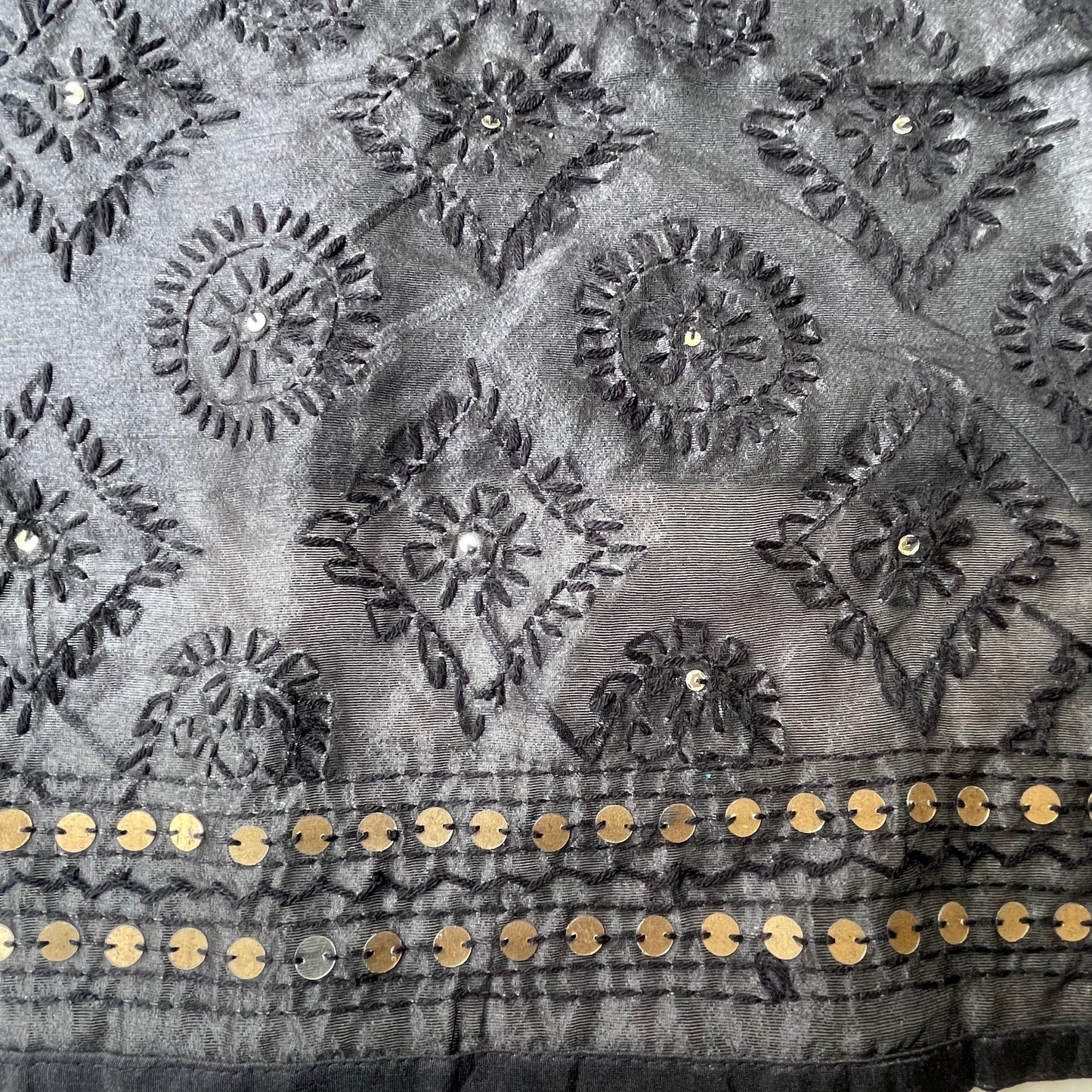 Hand-Embroidered Cotton Dupatta With Sequence Border - Black With Self Coloured Threadwork