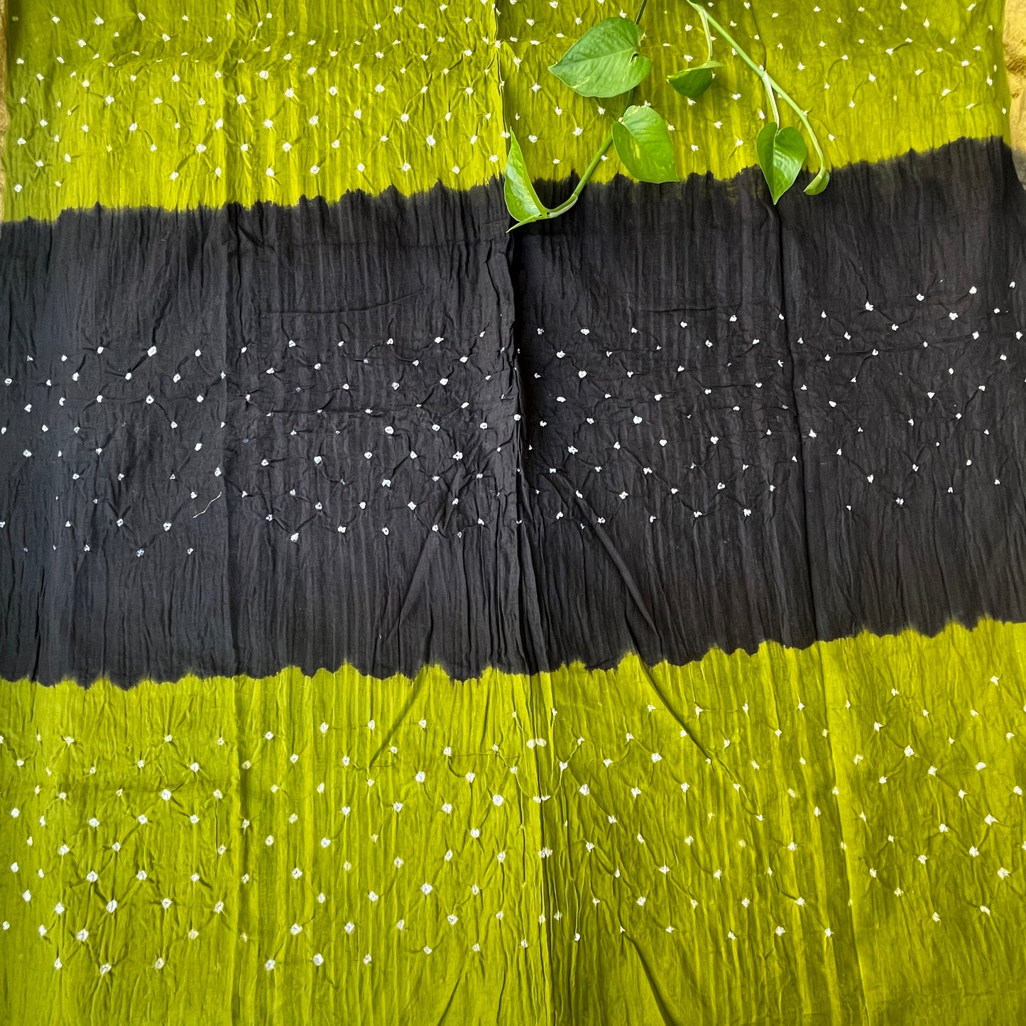 Hand Tied Bandhani Soft Cotton Unstitched Salwar Suit Fabric - Black and Olive Green