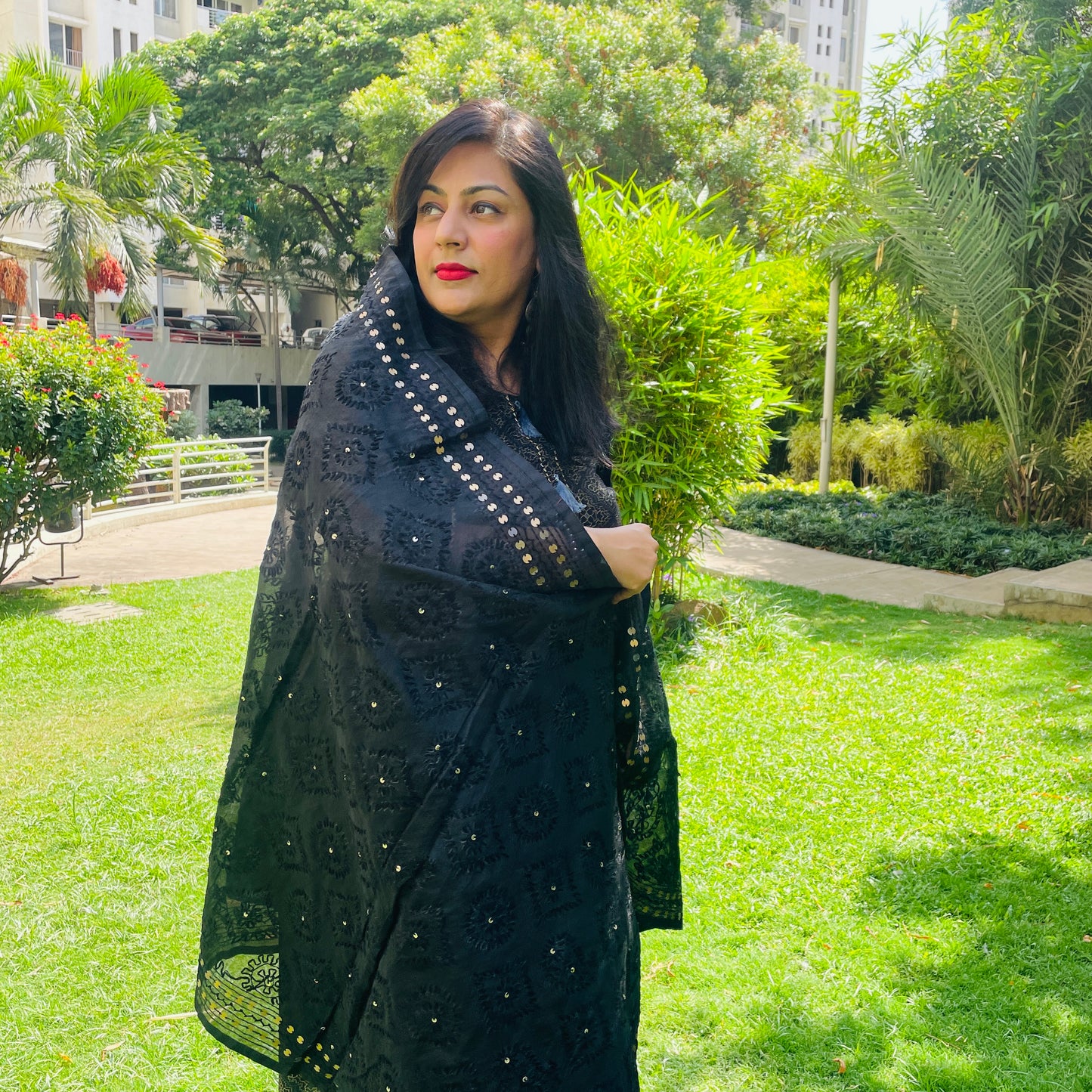 Hand-Embroidered Cotton Dupatta With Sequence Border - Black With Self Coloured Threadwork